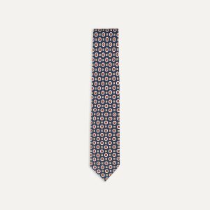 Navy and Red Geometric Medallion Print Silk Foulard Tie