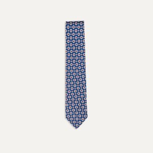 Blue and Red Geometric Medallion Print Silk Foulard Tie