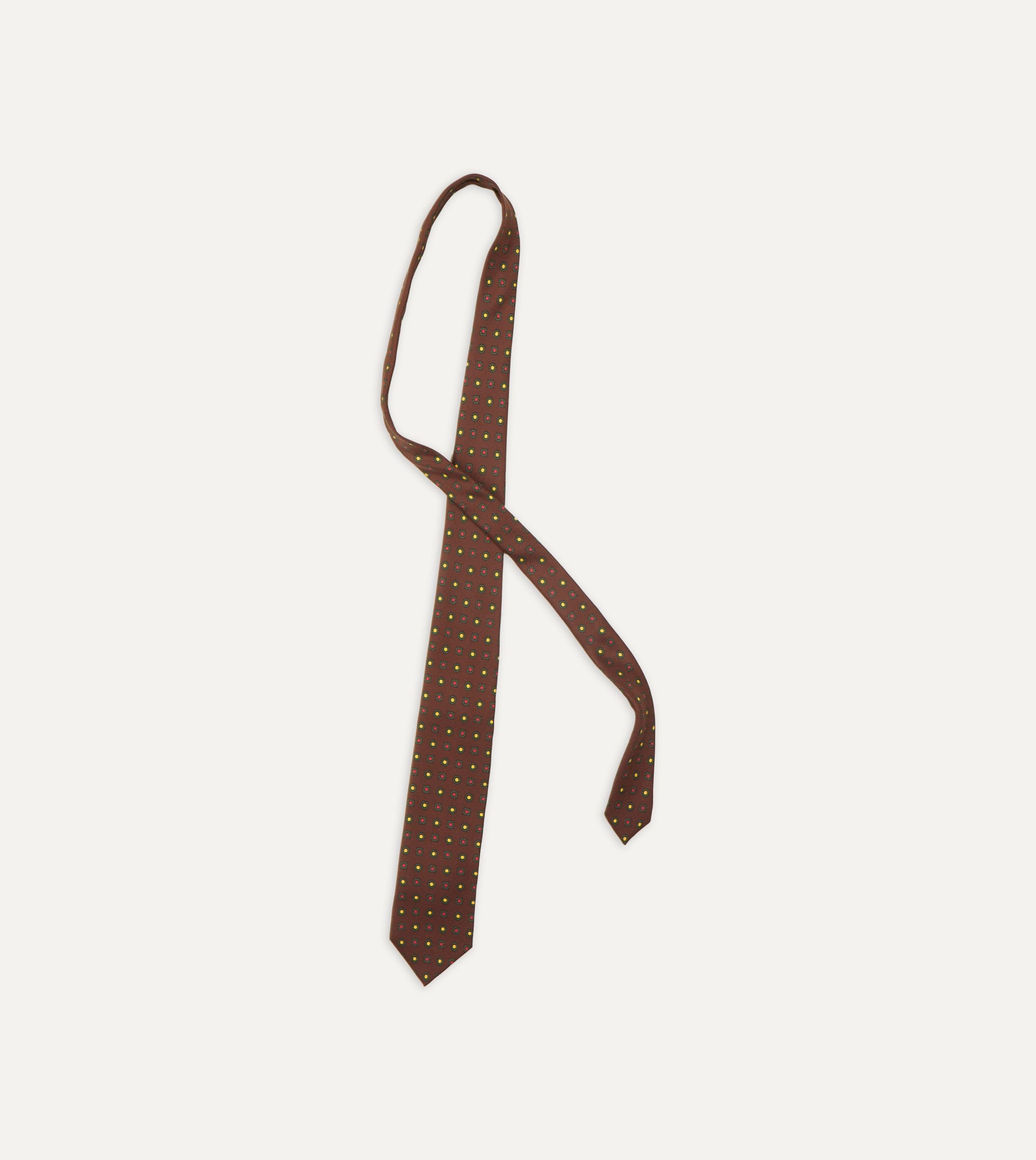 Brown and Green Geometric Medallion Print Madder Twill Silk Tie - Image 4