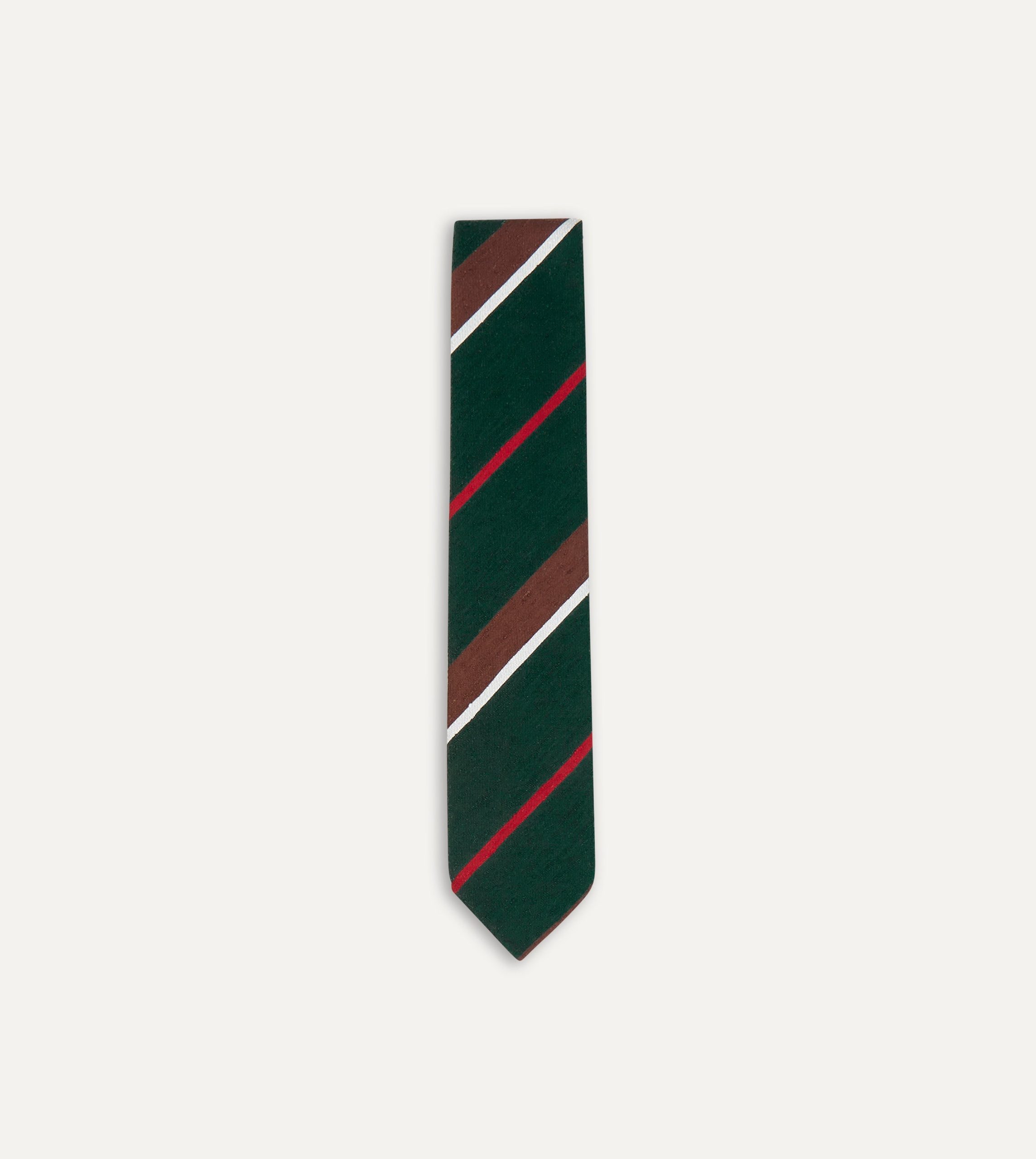 Green. Brown and White Stripe Shantung Silk Tie
