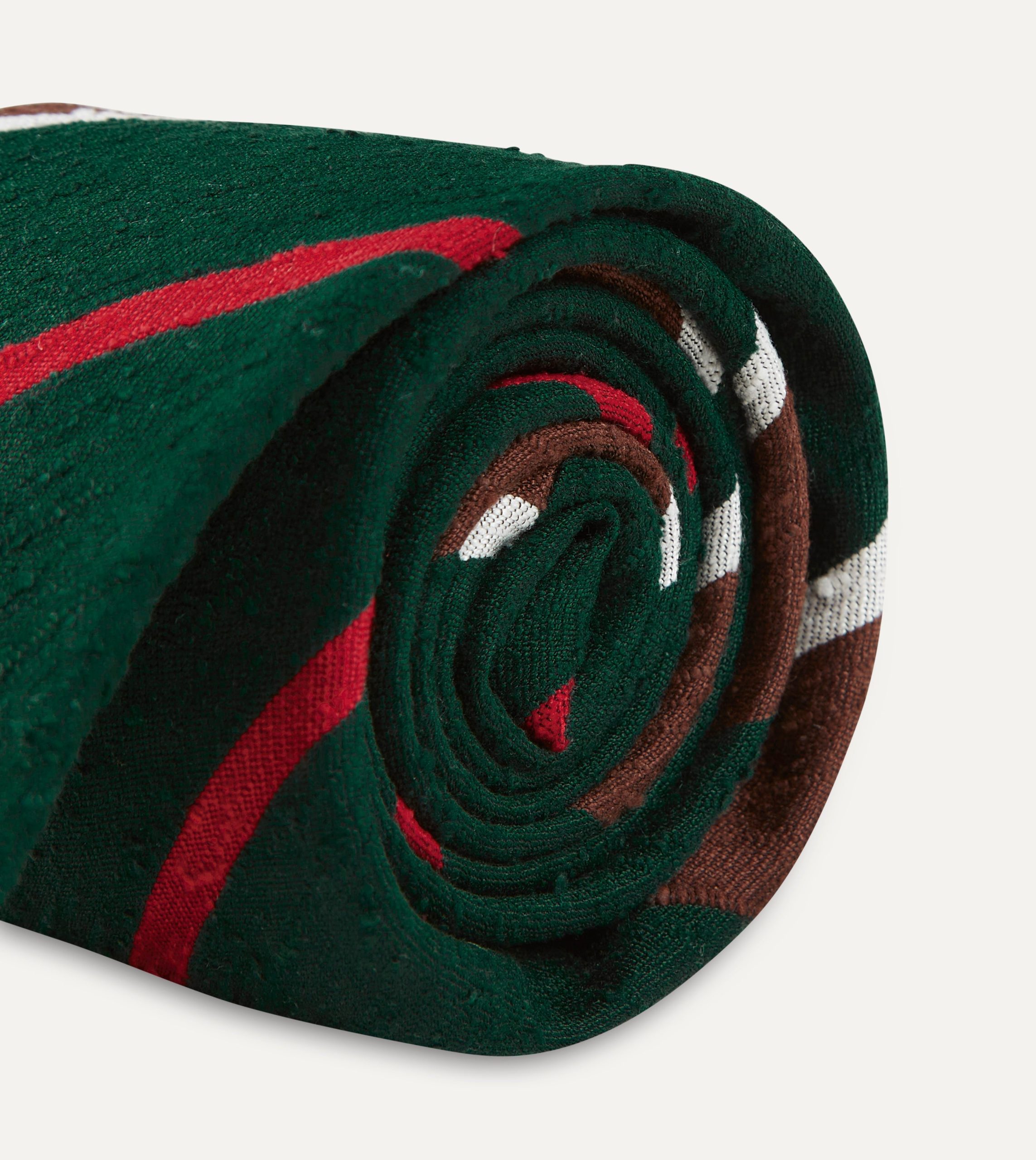 Green. Brown and White Stripe Shantung Silk Tie - Image 5