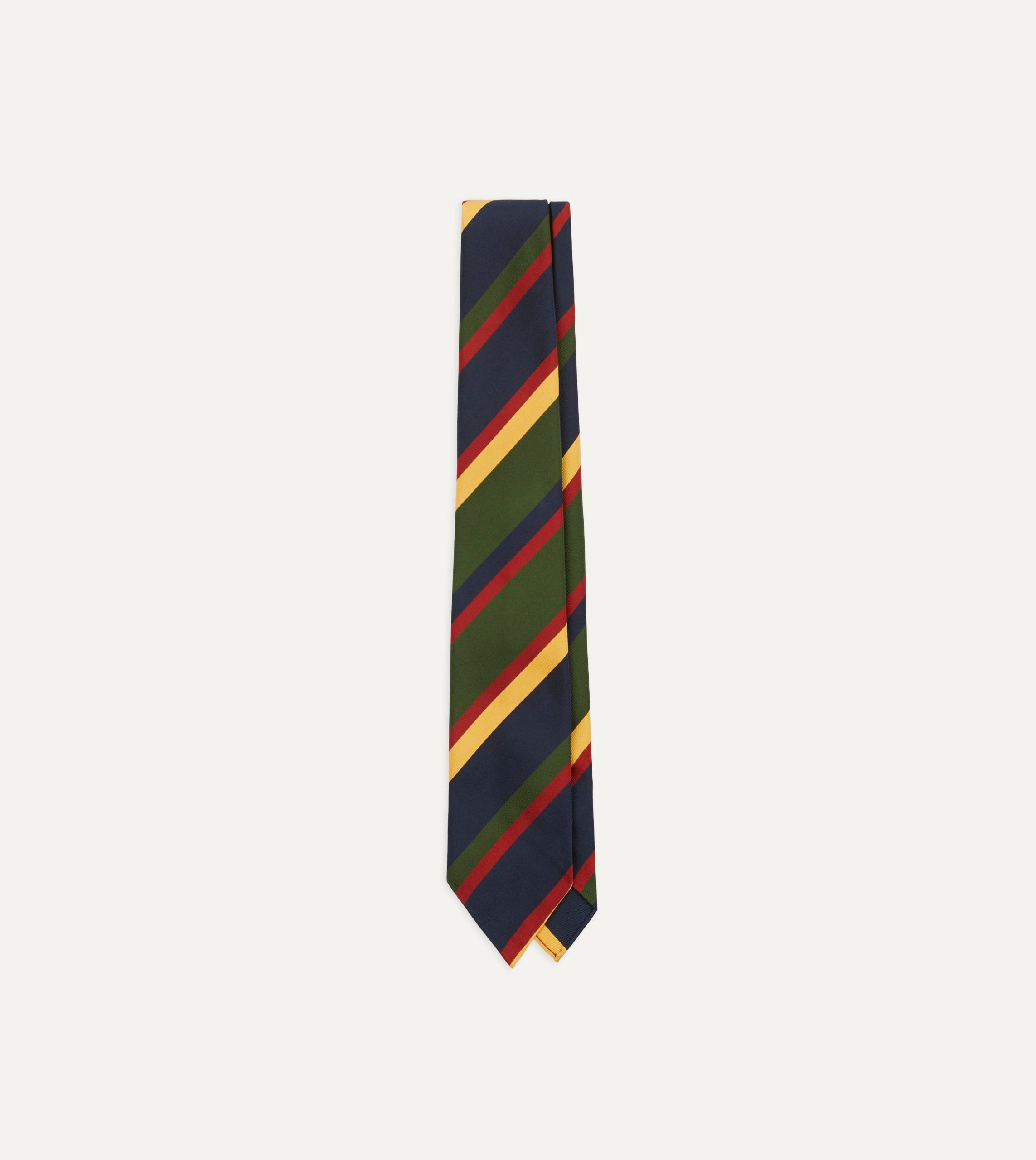 Navy. Red. Green and Yellow Stripe Silk Hand Rolled Tie