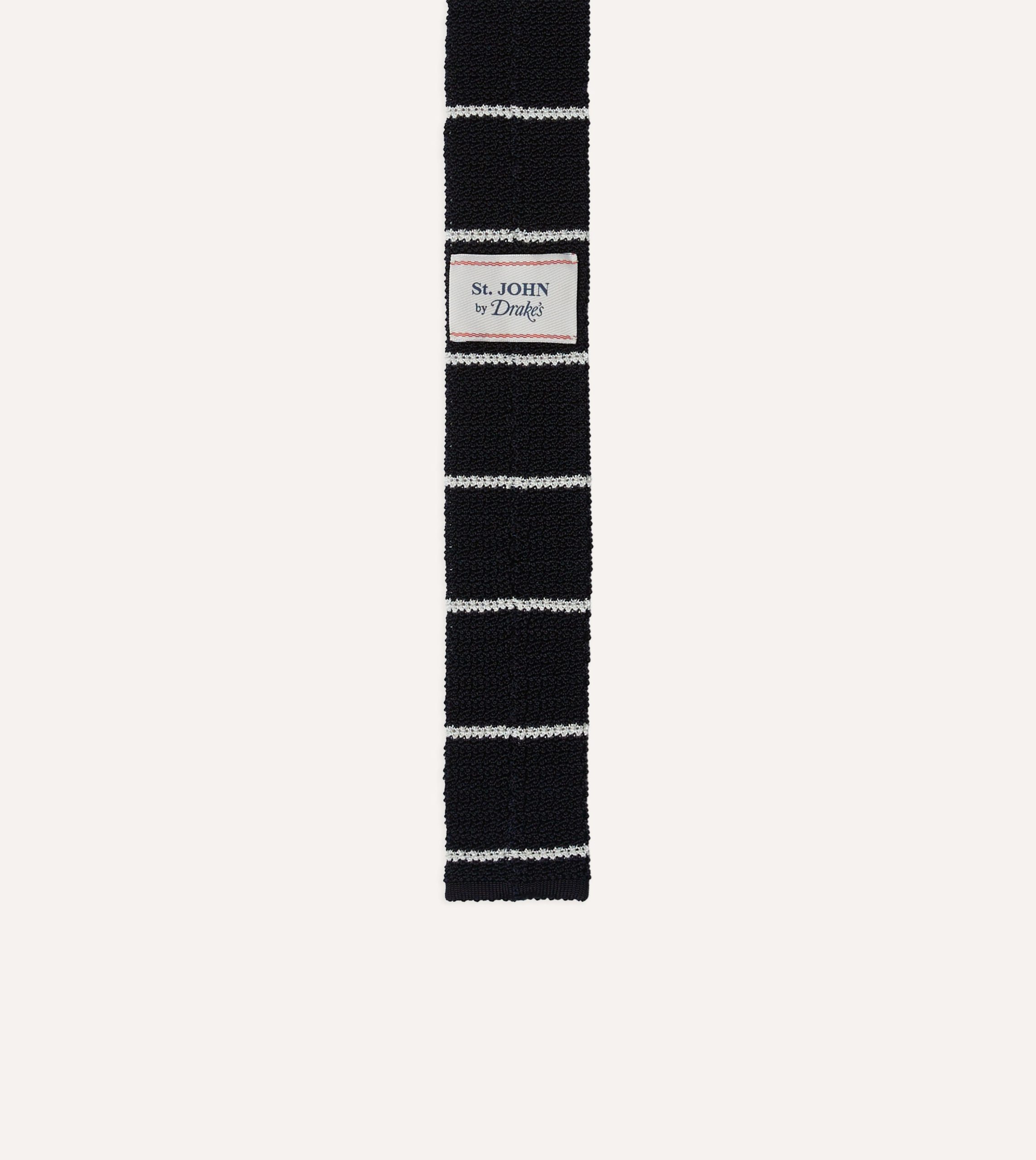 St. JOHN by Drake's Navy Butcher's Stripe Knitted Silk Tie - Image 4