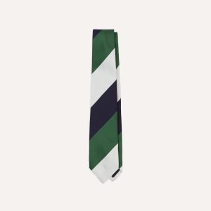 White. Navy and Green Wide Stripe Repp Silk Tipped Tie