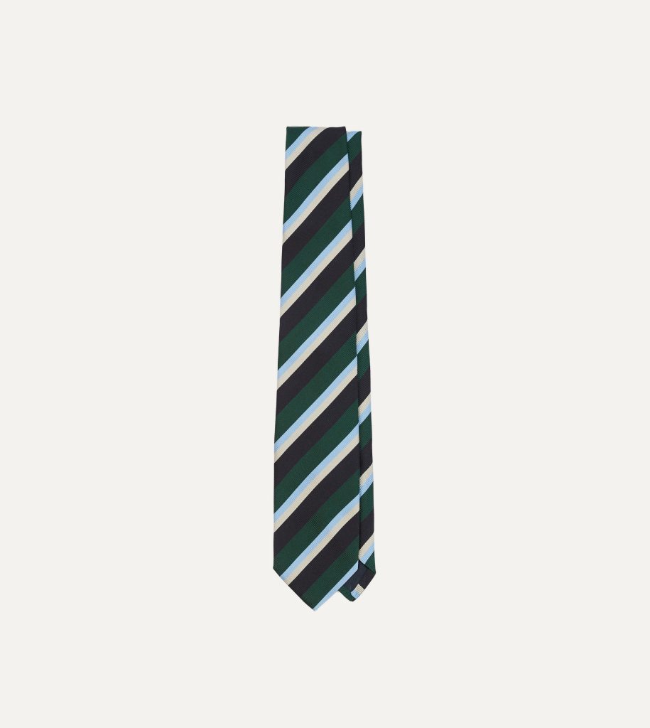 Green. Blue and White Multi Stripe Mogador Silk Tipped Tie