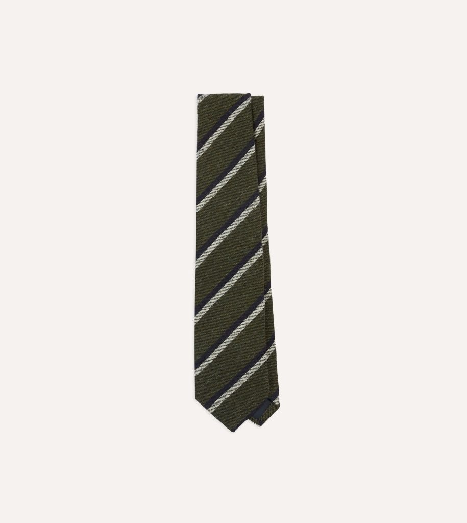 Khaki. White and Navy Double Stripe Tipped Wool Tie