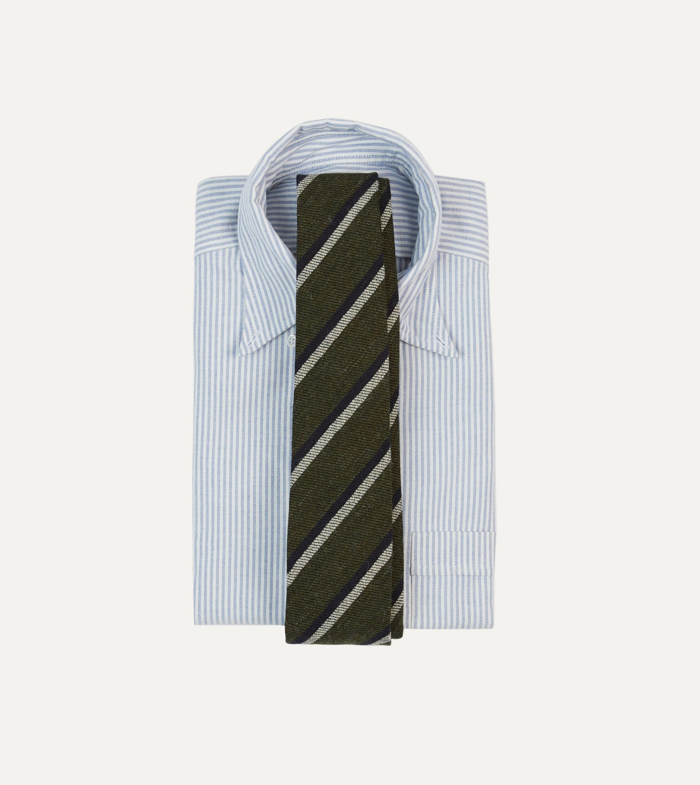 Khaki. White and Navy Double Stripe Tipped Wool Tie - Image 2