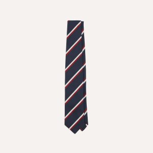Navy. Red and White Double Stripe Mogador Silk Tipped Tie