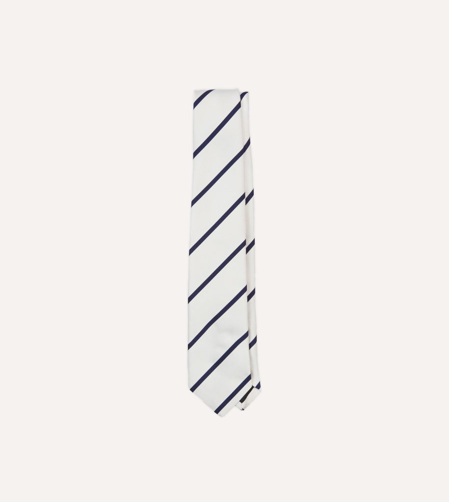 White and Navy Bar Stripe Repp Silk Tipped Tie