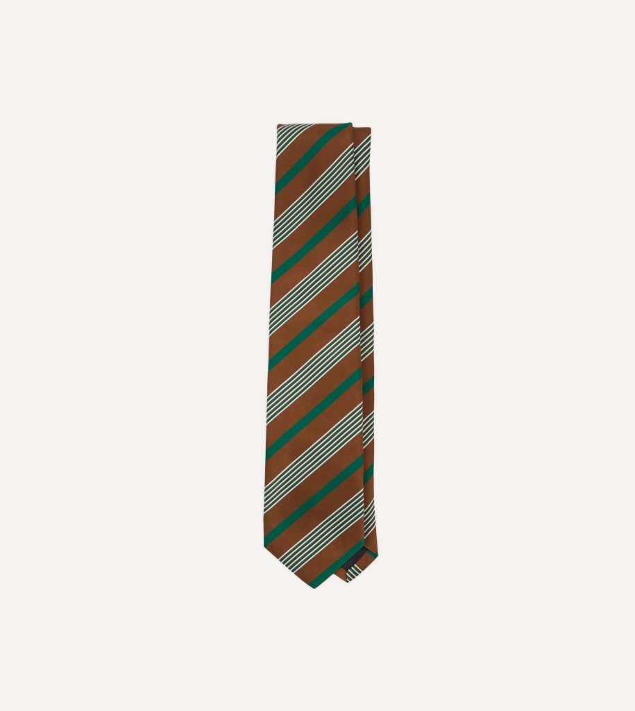 Brown. Green and White Multi Stripe Mogador Silk Tipped Tie