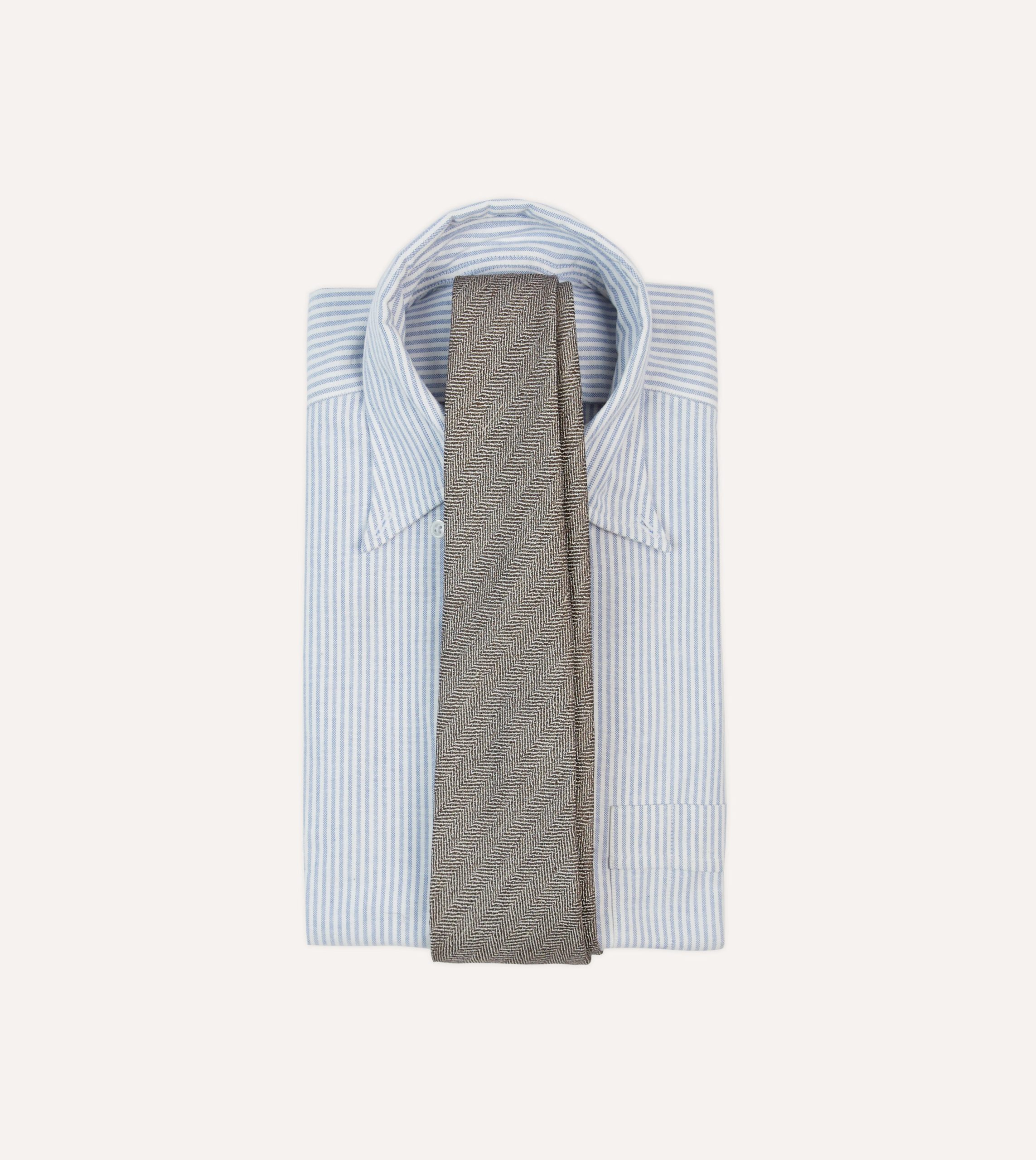 Brown and Ecru Herringbone Linen Silk Tipped Tie - Image 2