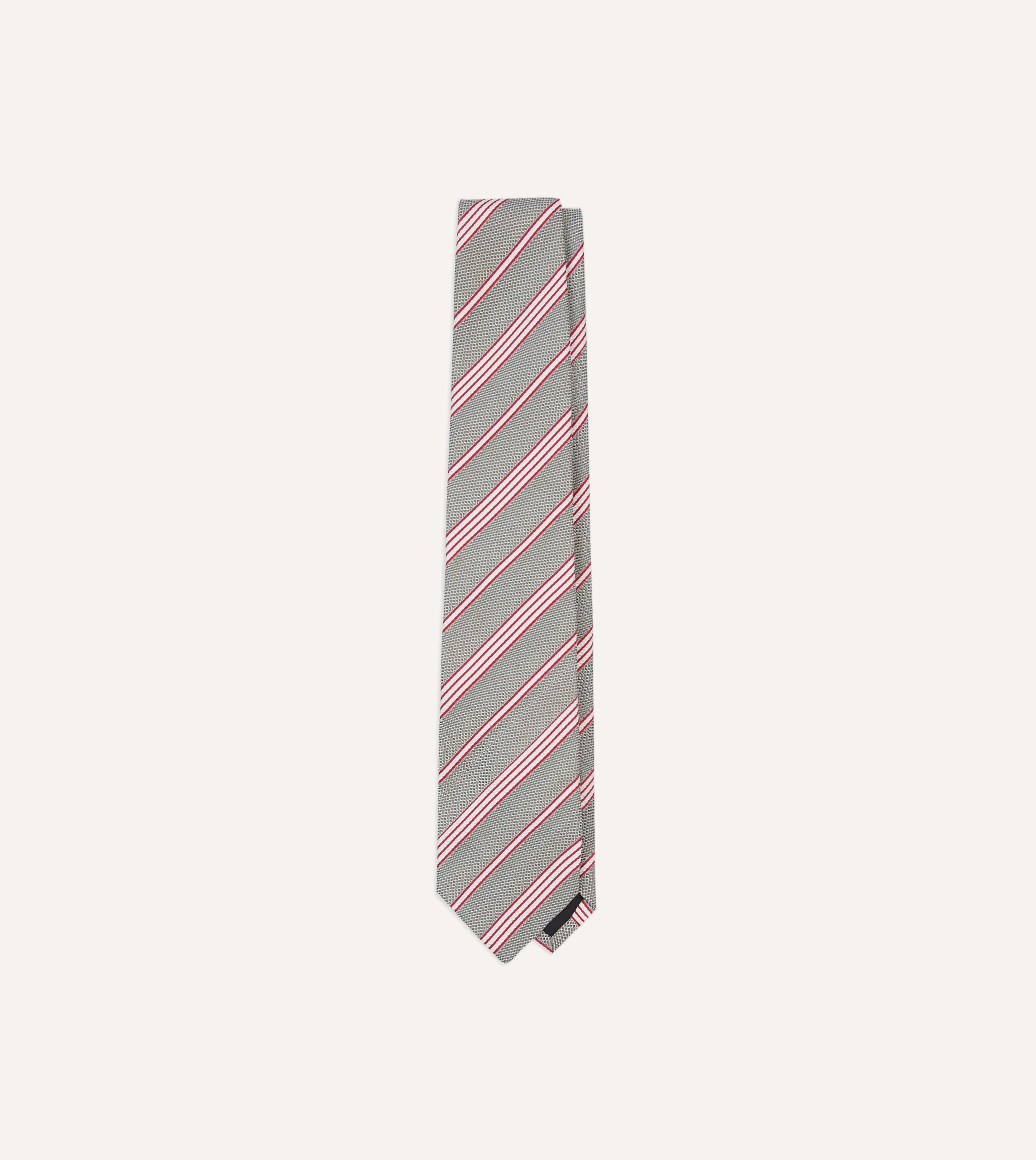 Grey. Red and Ecru Twill Stripe Tipped Silk Grenadine Tie