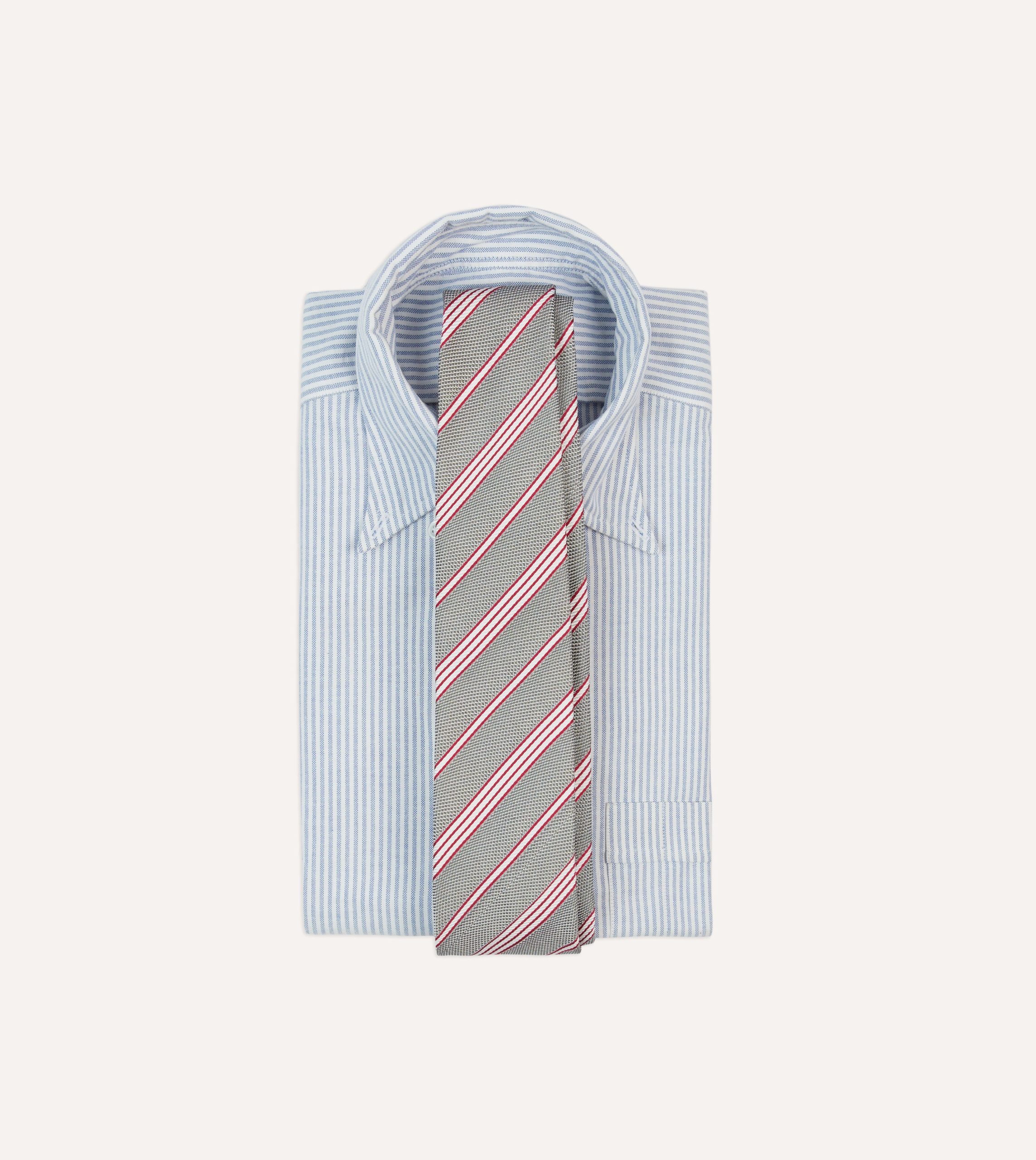 Grey. Red and Ecru Twill Stripe Tipped Silk Grenadine Tie - Image 2