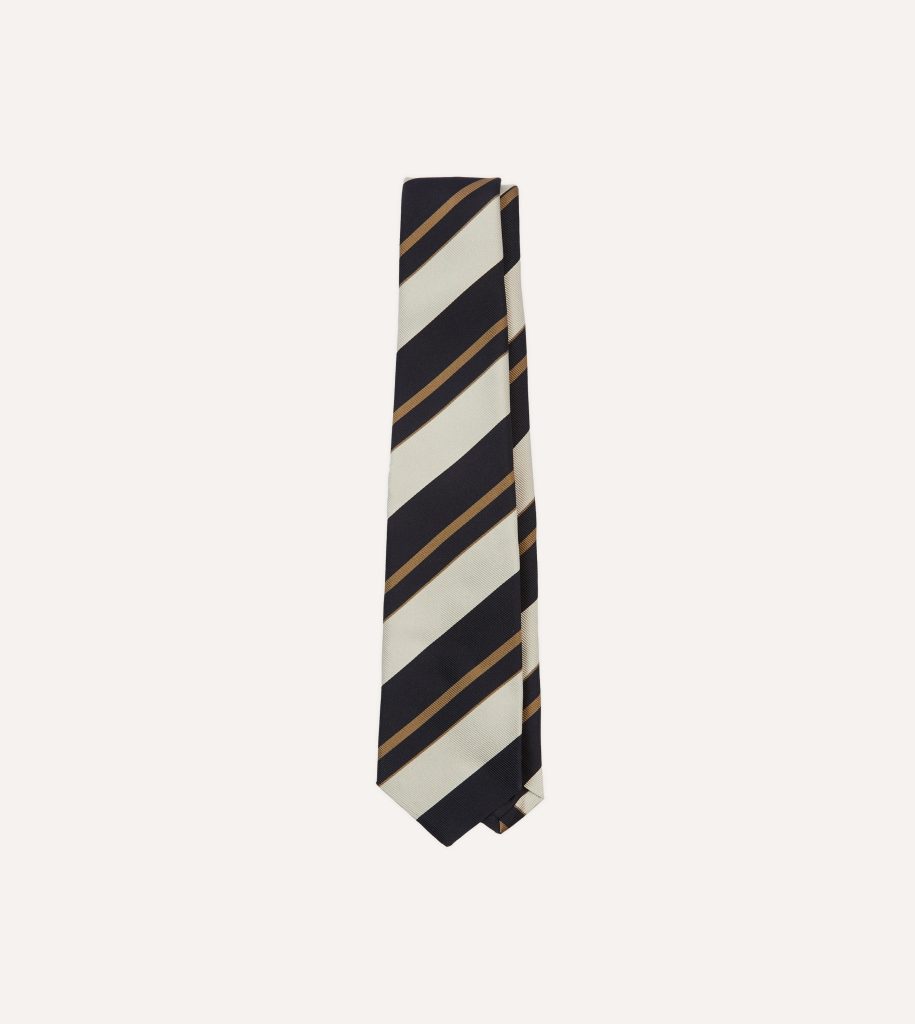 Navy. White and Fawn Stripe Repp Silk Tipped Tie