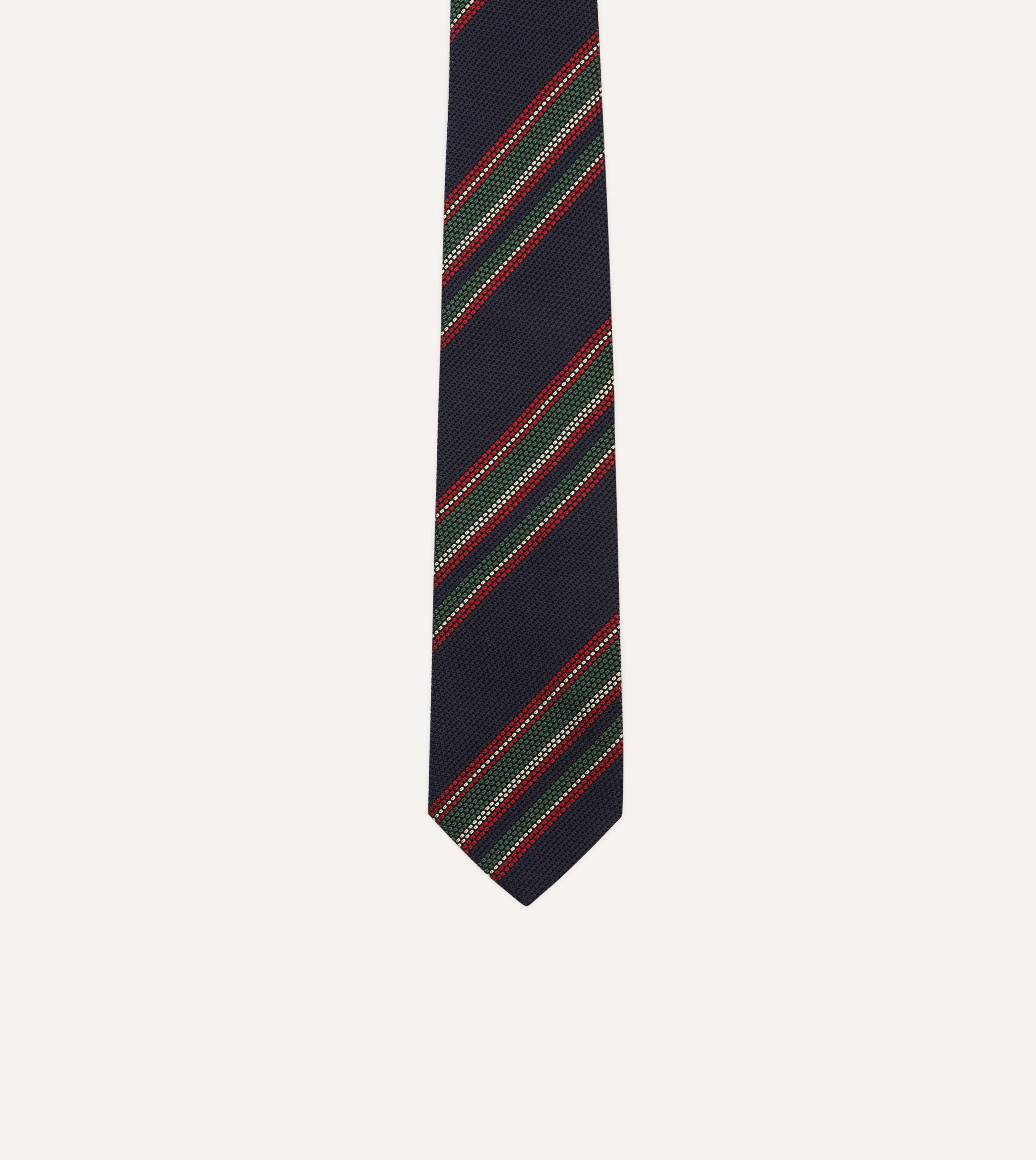 Navy. Green and Red Stripe Hand Rolled Silk Grenadine Tie - Image 3