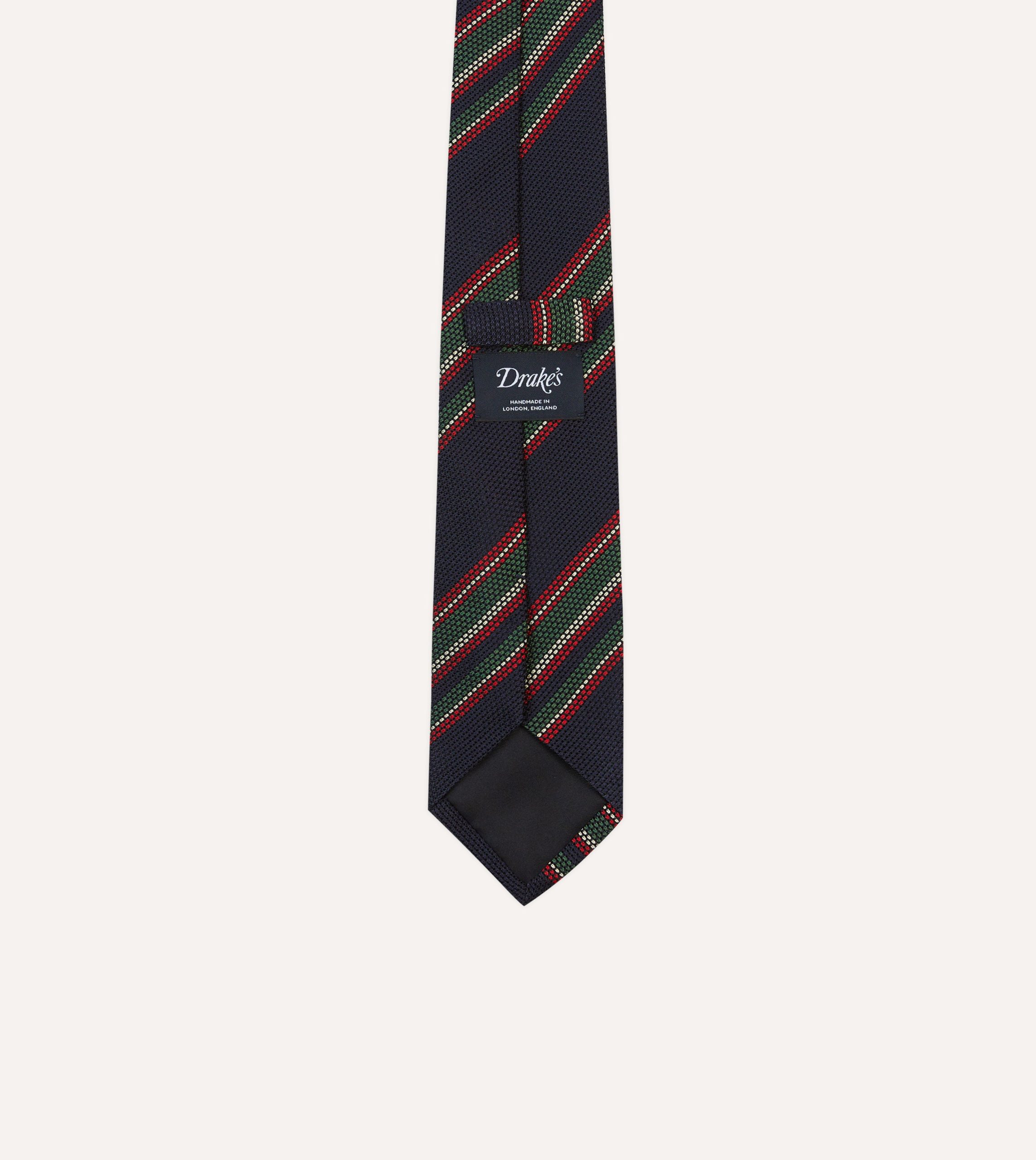 Navy. Green and Red Stripe Hand Rolled Silk Grenadine Tie - Image 4