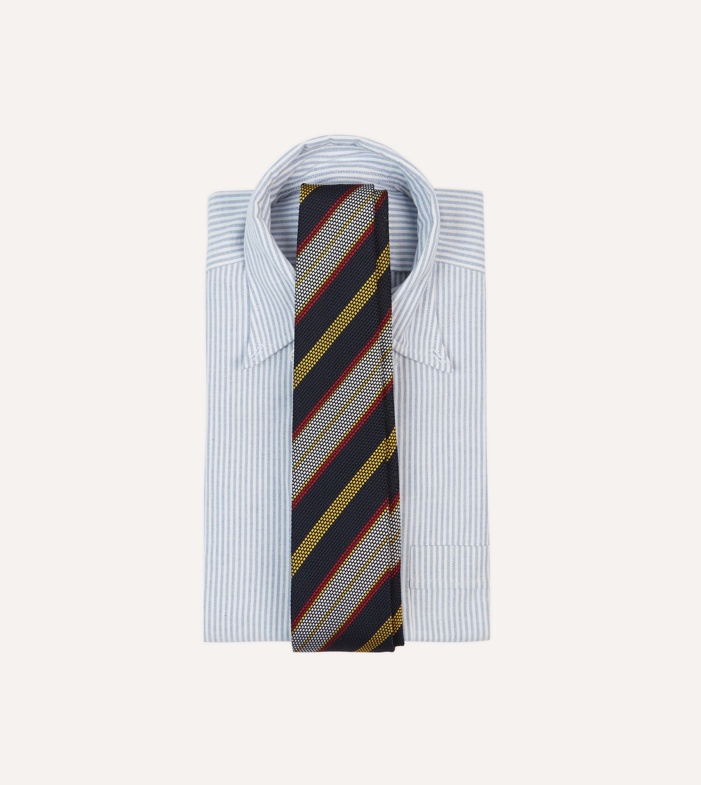 Navy. Yellow. Red and White Multi Stripe Tipped Silk Grenadine Tie - Image 2