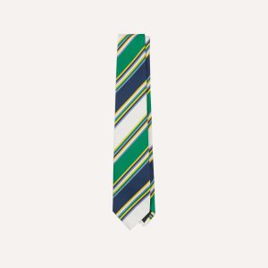 Navy. Green and White Stripe Mogador Silk Tipped Tie