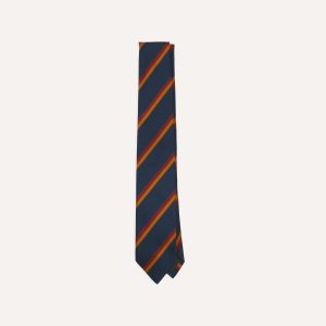 Navy. Red and Gold Stripe Mogador Cotton-Silk Tipped Tie