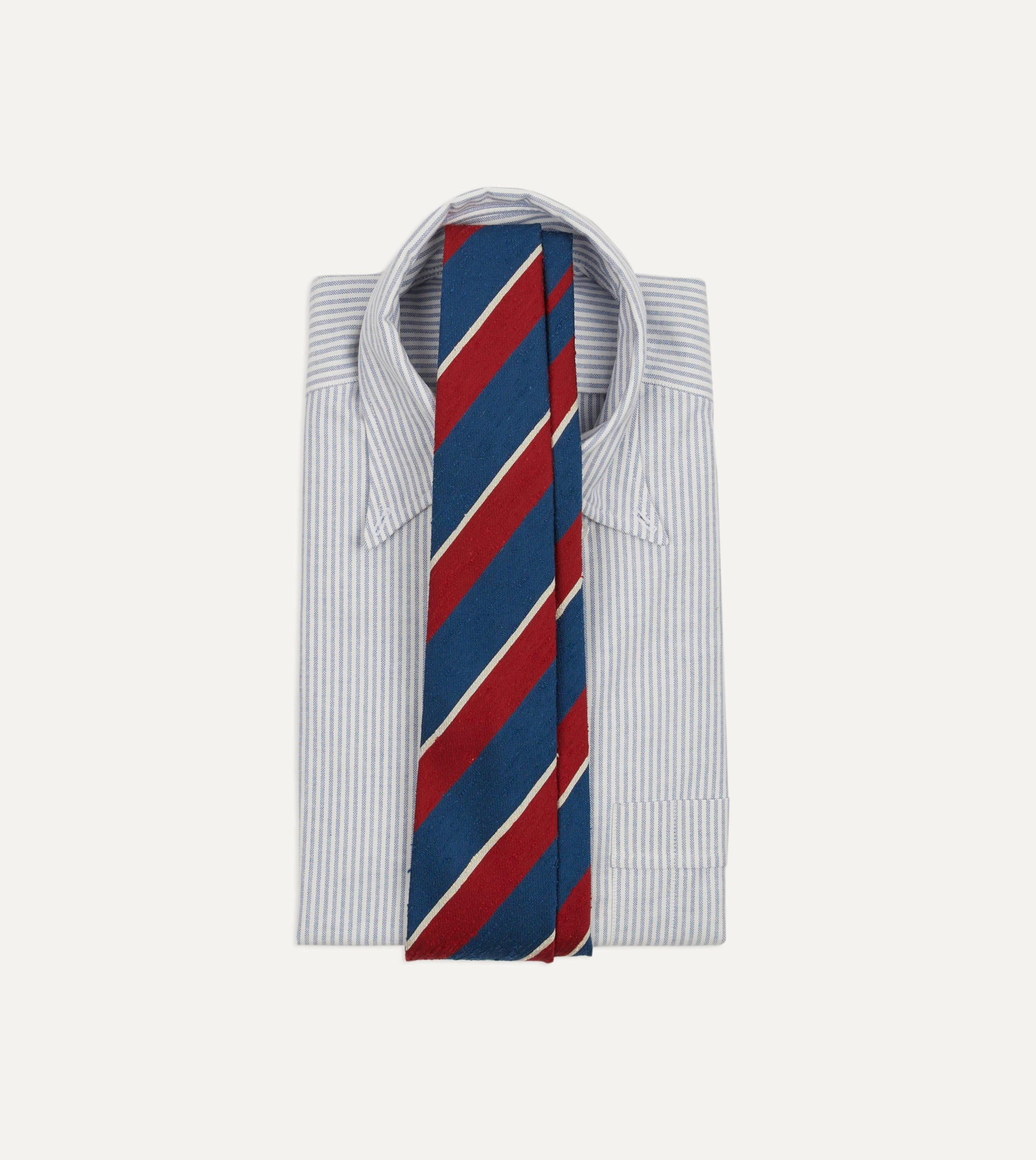 Red. Blue and White Stripe Shantung Silk Tie - Image 2