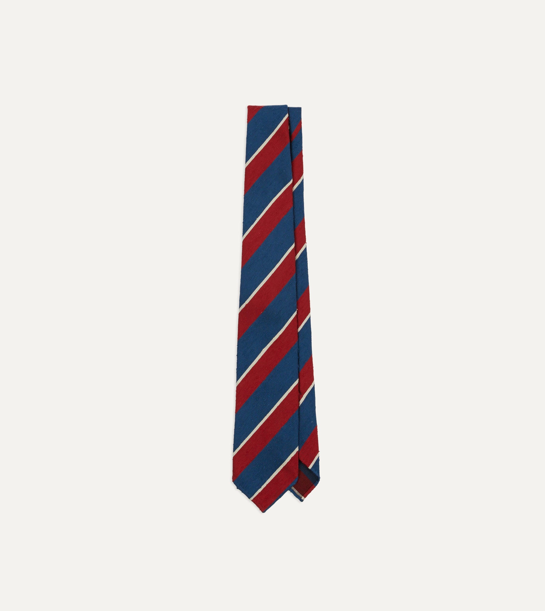 Red. Blue and White Stripe Shantung Silk Tie