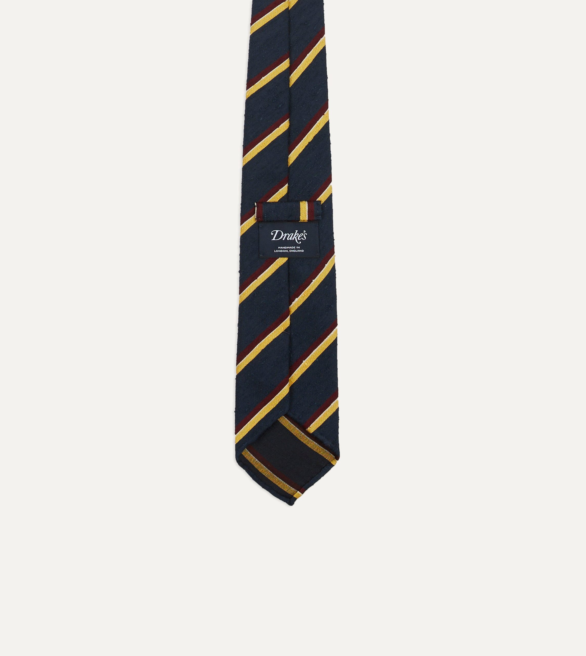 Navy. Red and Yellow Stripe Shantung Silk Tie - Image 3