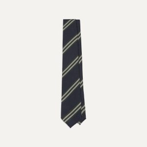 Navy. Green and White Double Stripe Silk Grenadine Tie