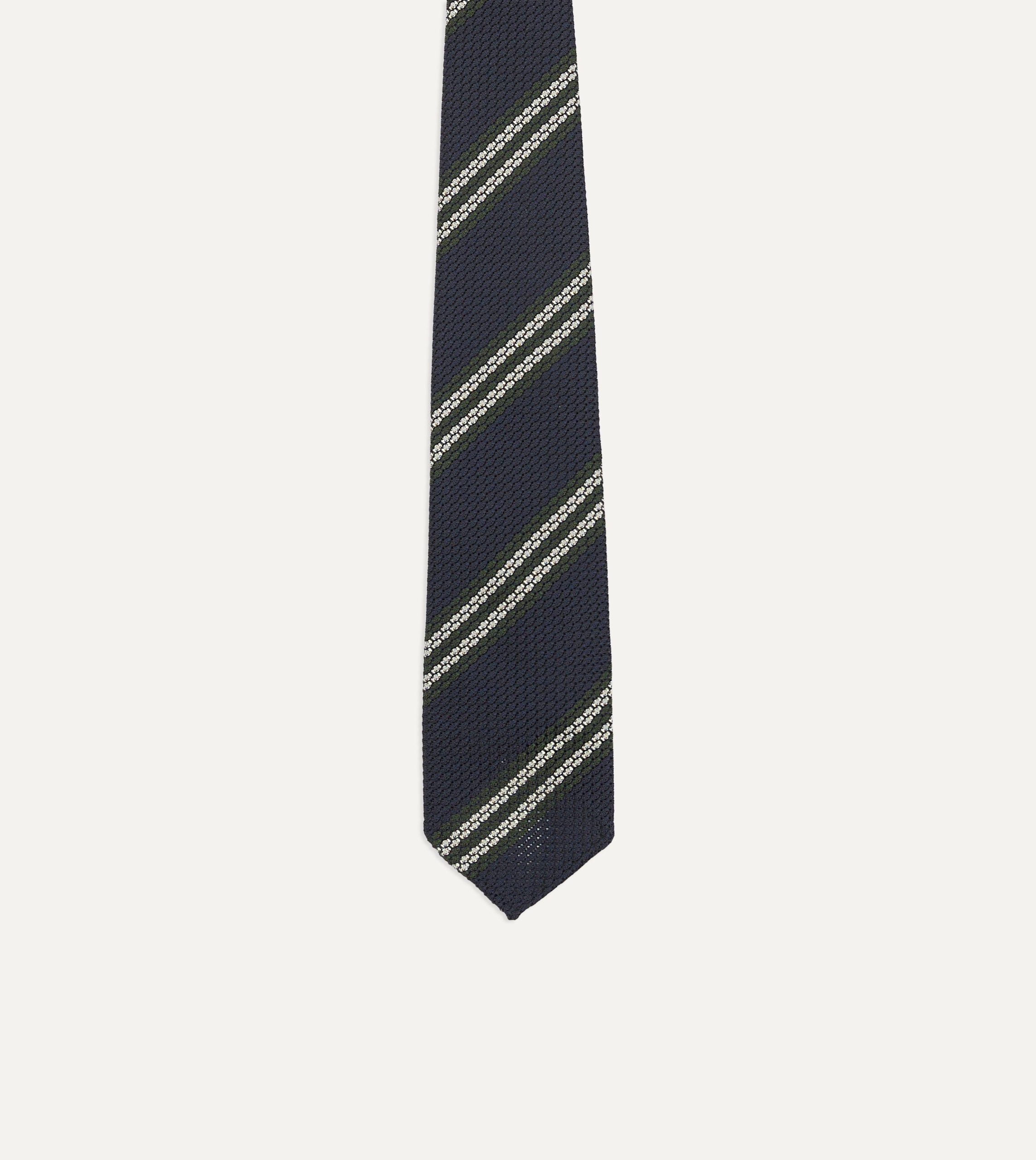 Navy. Green and White Double Stripe Silk Grenadine Tie - Image 4