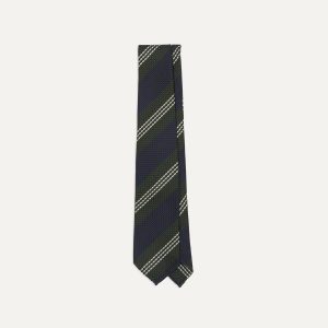 Navy. Green and White Multi Stripe Silk Grenadine Tie