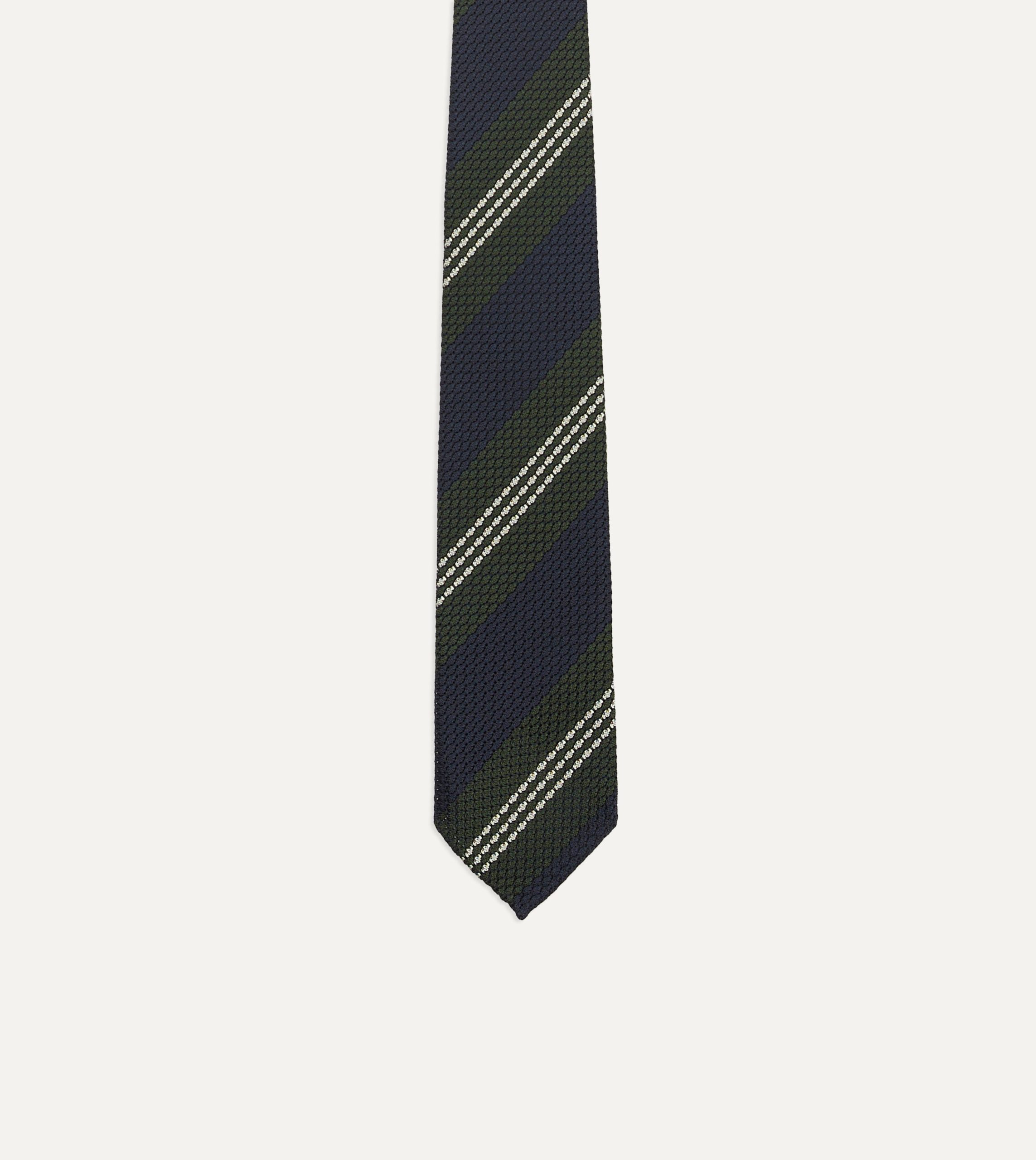 Navy. Green and White Multi Stripe Silk Grenadine Tie - Image 4