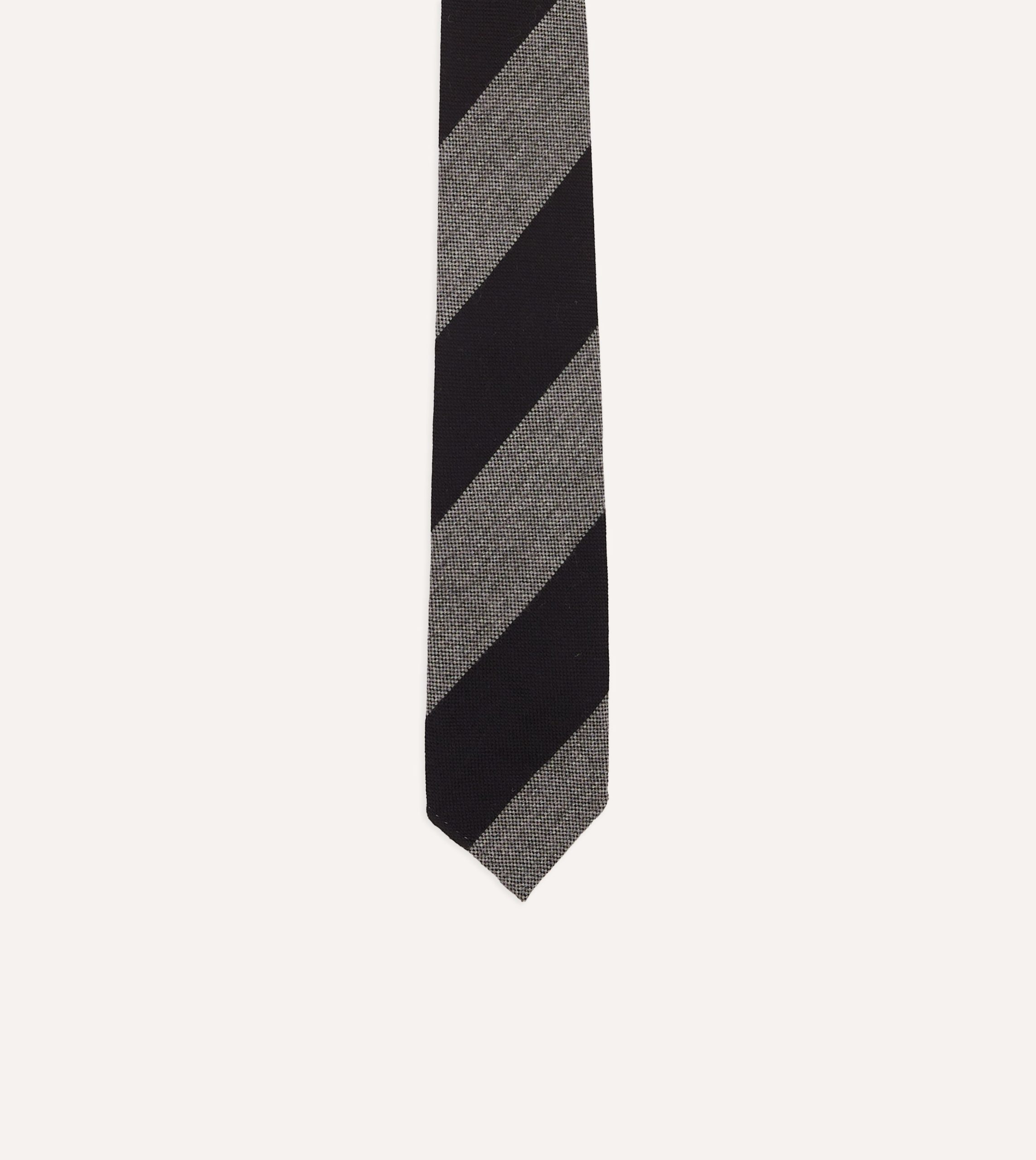 Grey and Black Block Stripe Hand Rolled Wool Tie - Image 4