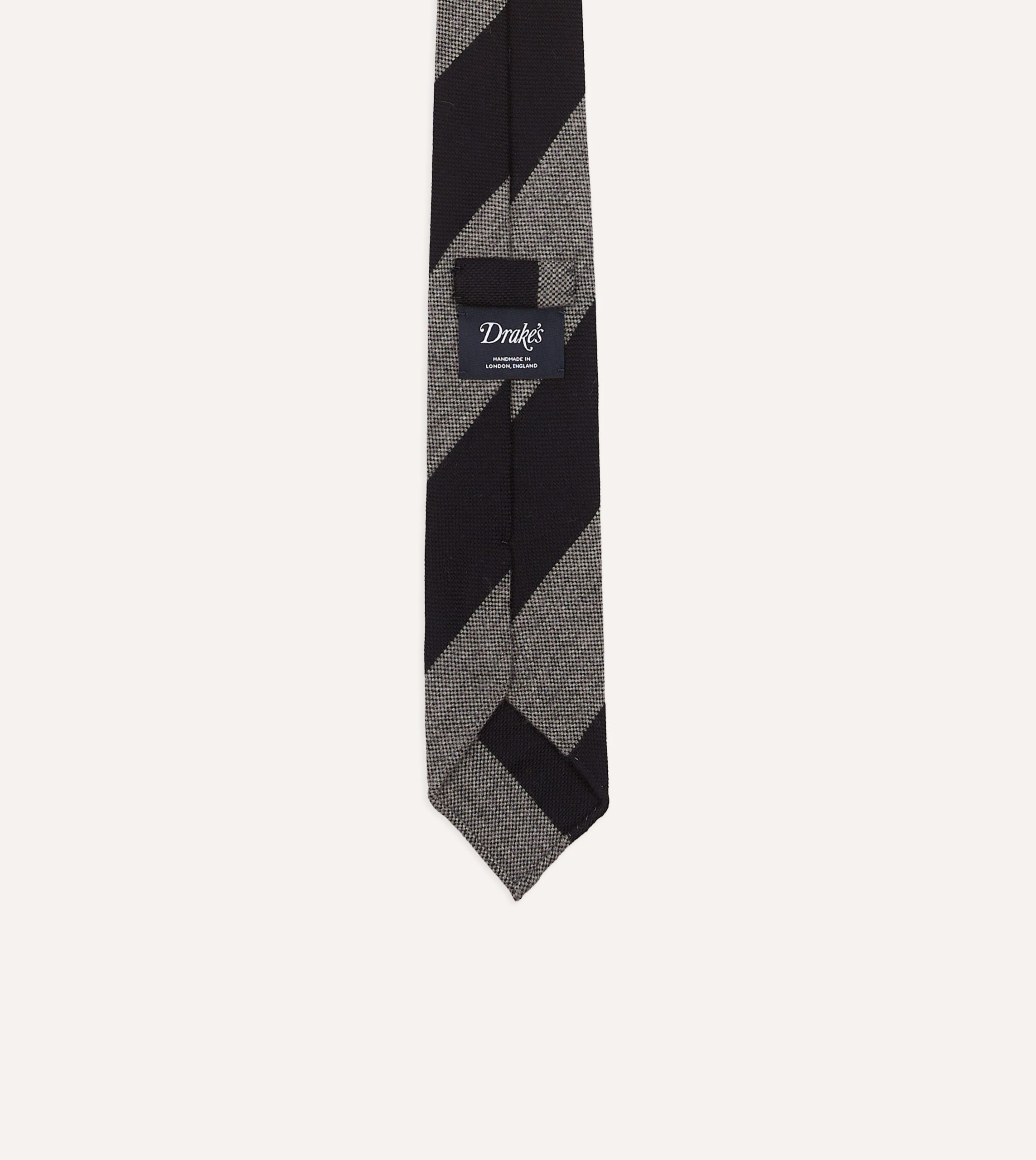 Grey and Black Block Stripe Hand Rolled Wool Tie - Image 3