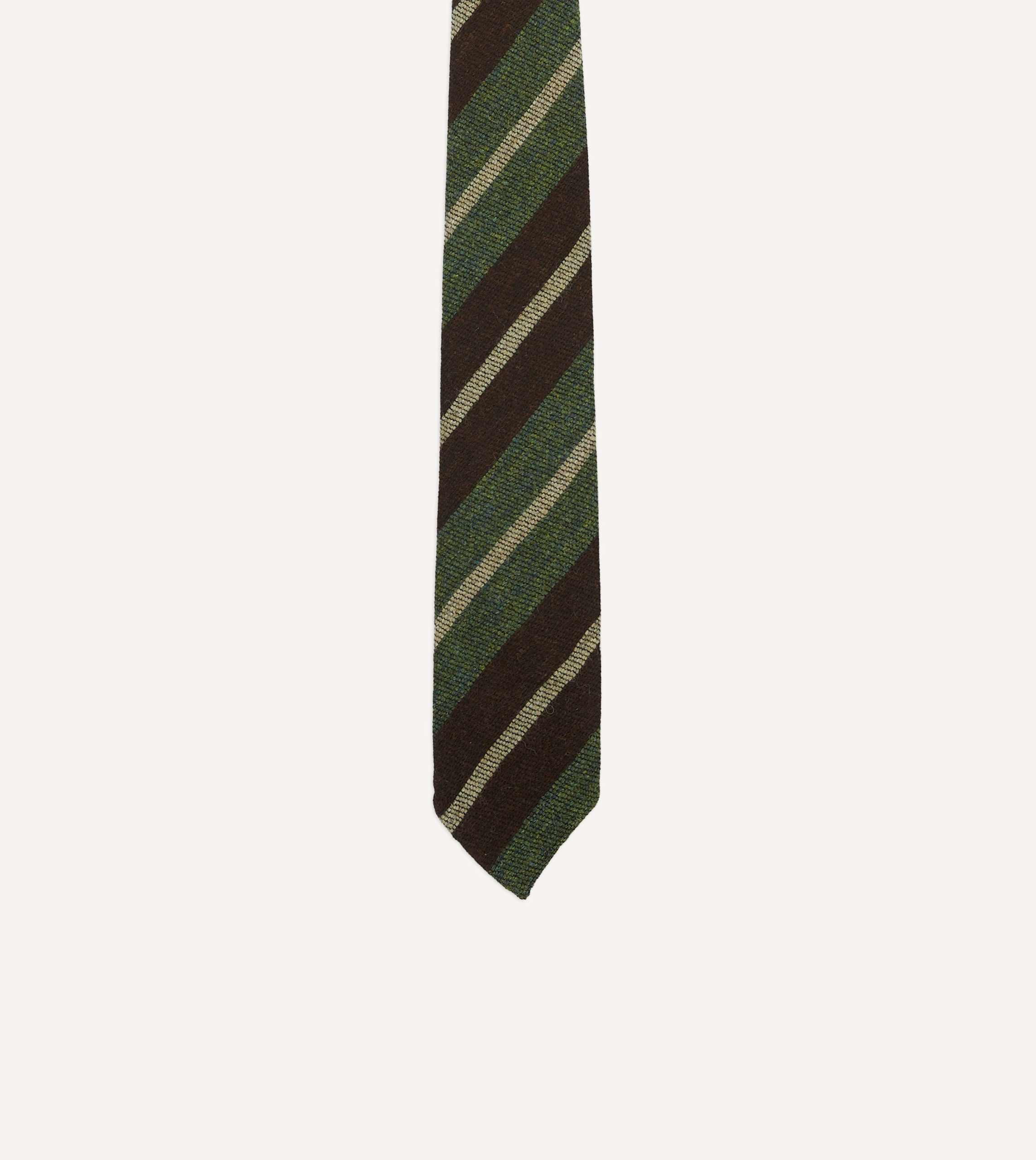 Brown and Green Block Stripe Herringbone Hand Rolled Shetland Wool Tie - Image 4