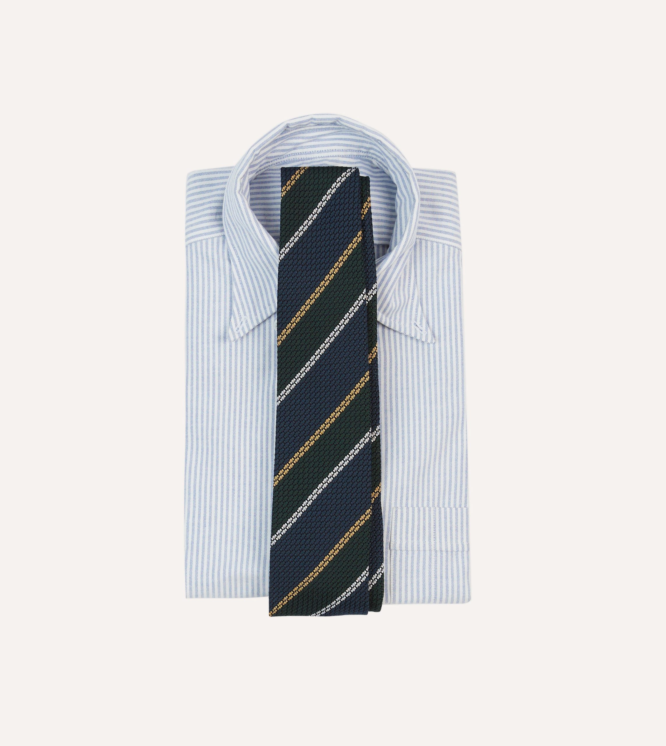 Navy. White and Green Stripe Hand Rolled Silk Grenadine Tie - Image 2