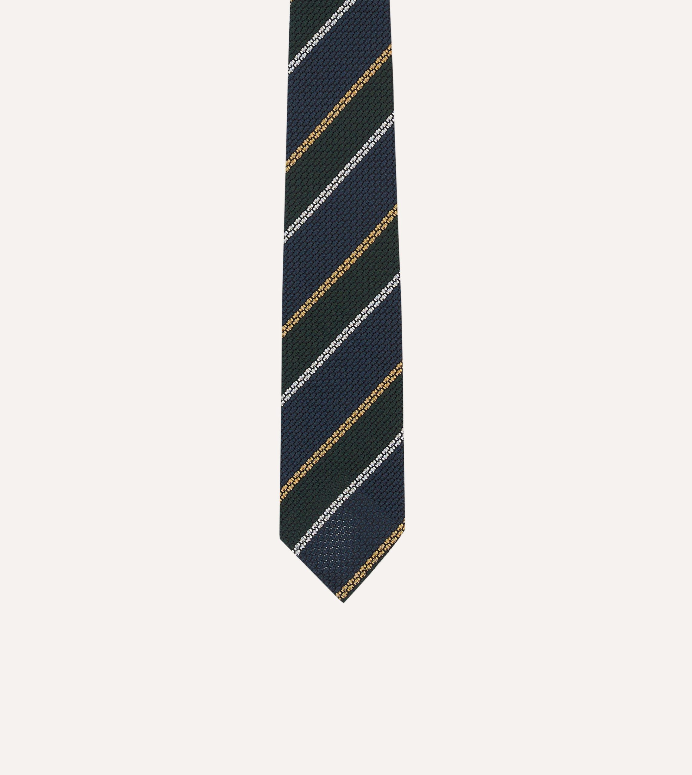 Navy. White and Green Stripe Hand Rolled Silk Grenadine Tie - Image 3