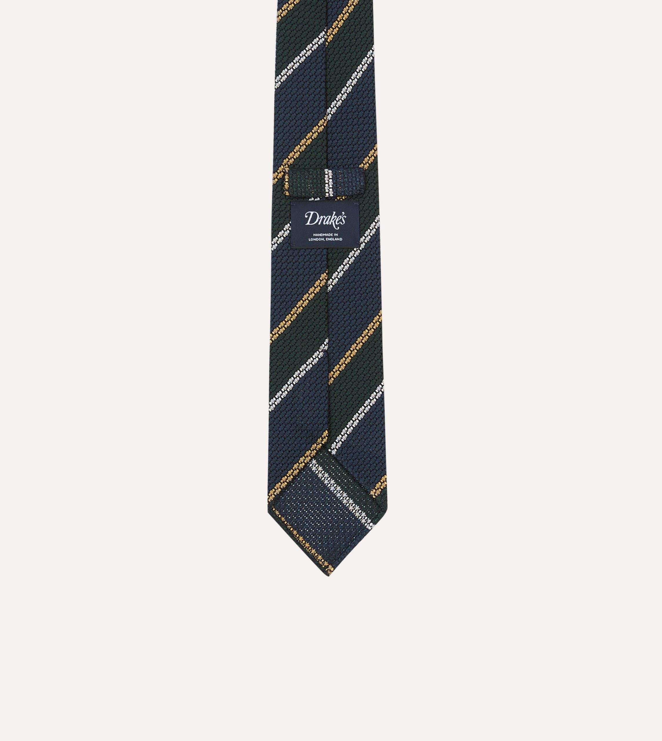 Navy. White and Green Stripe Hand Rolled Silk Grenadine Tie - Image 4