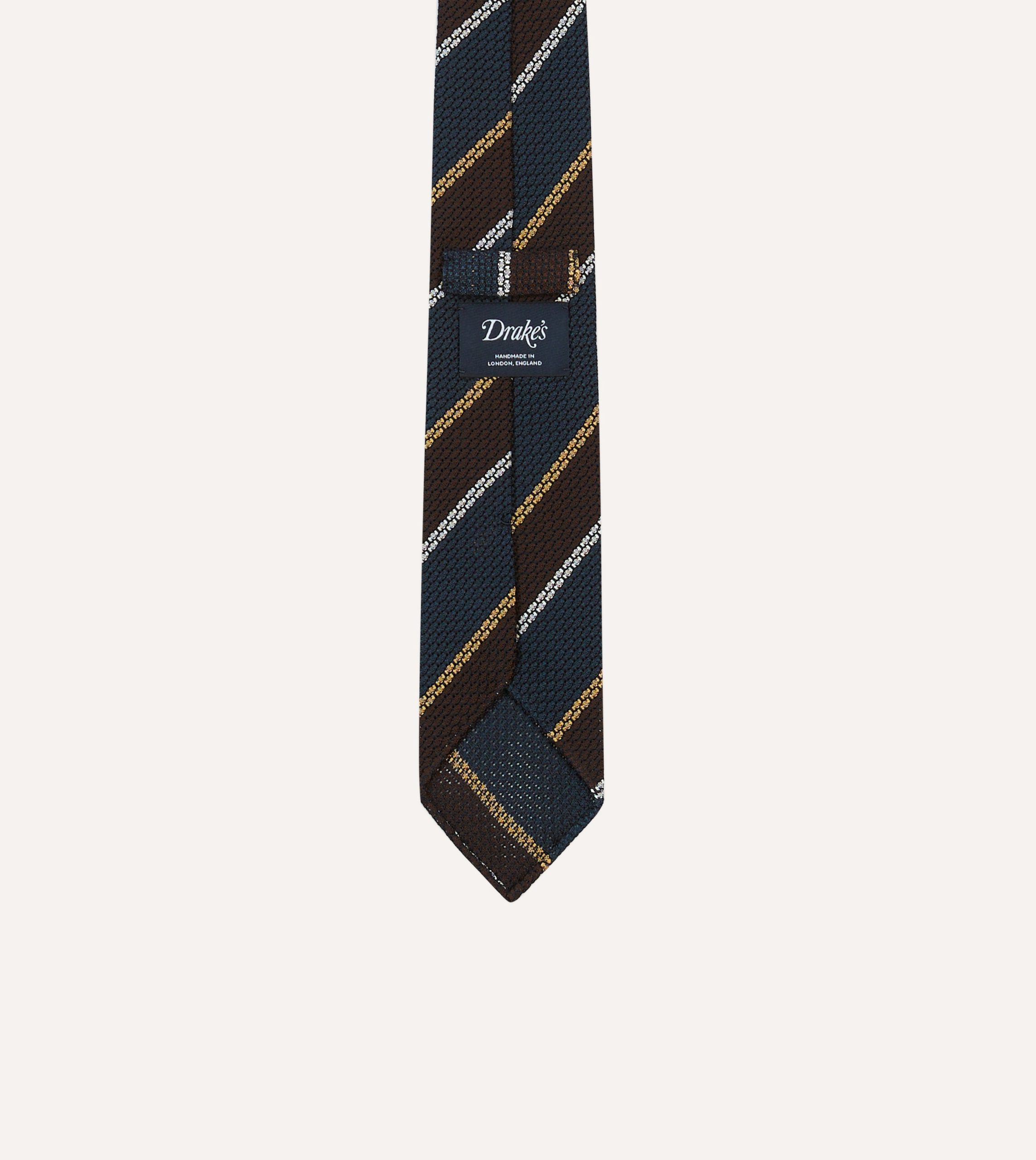 Navy. White and Brown Stripe Hand Rolled Silk Grenadine Tie - Image 4
