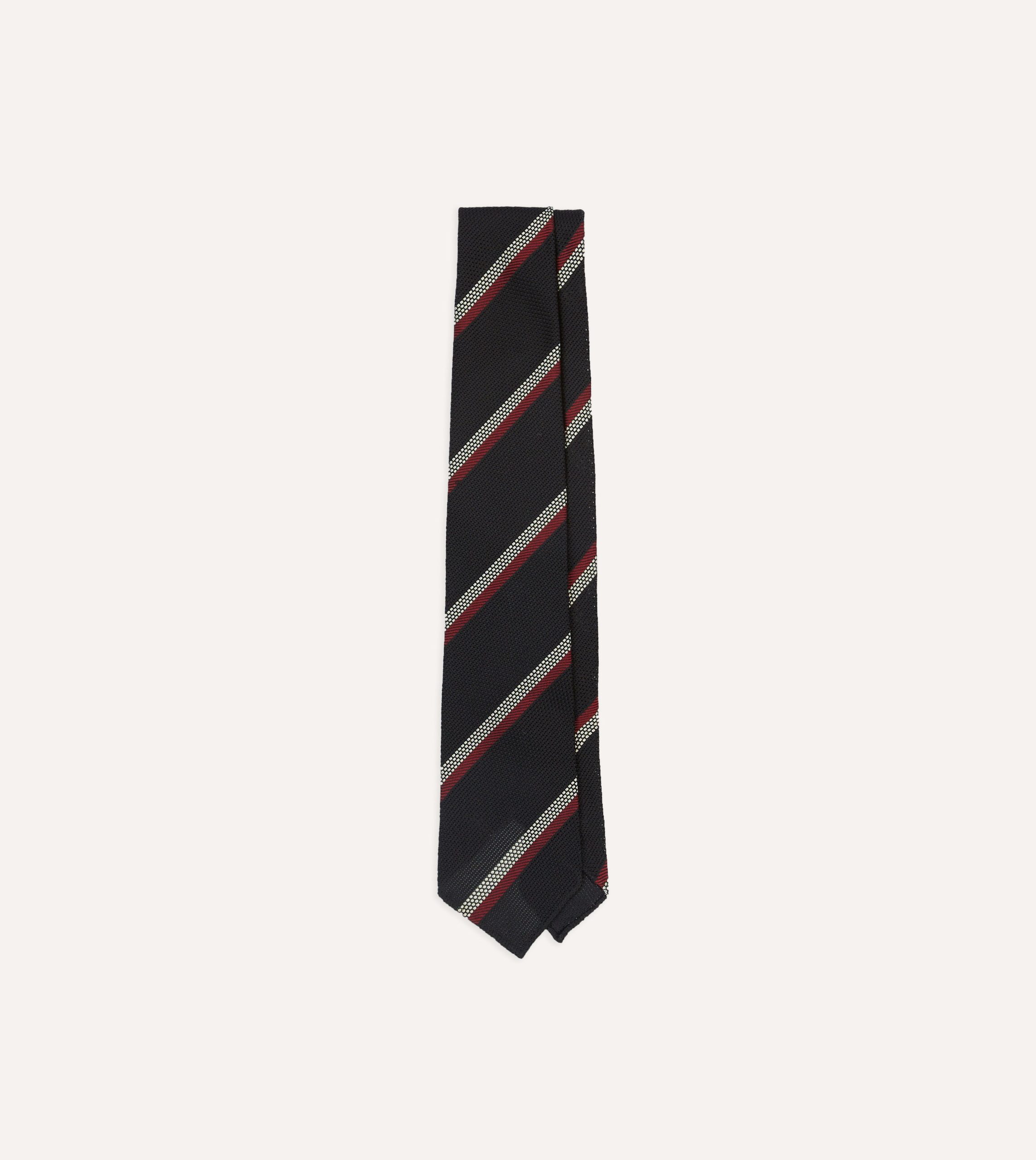 Black. White and Red Stripe Hand Rolled Silk Grenadine Tie
