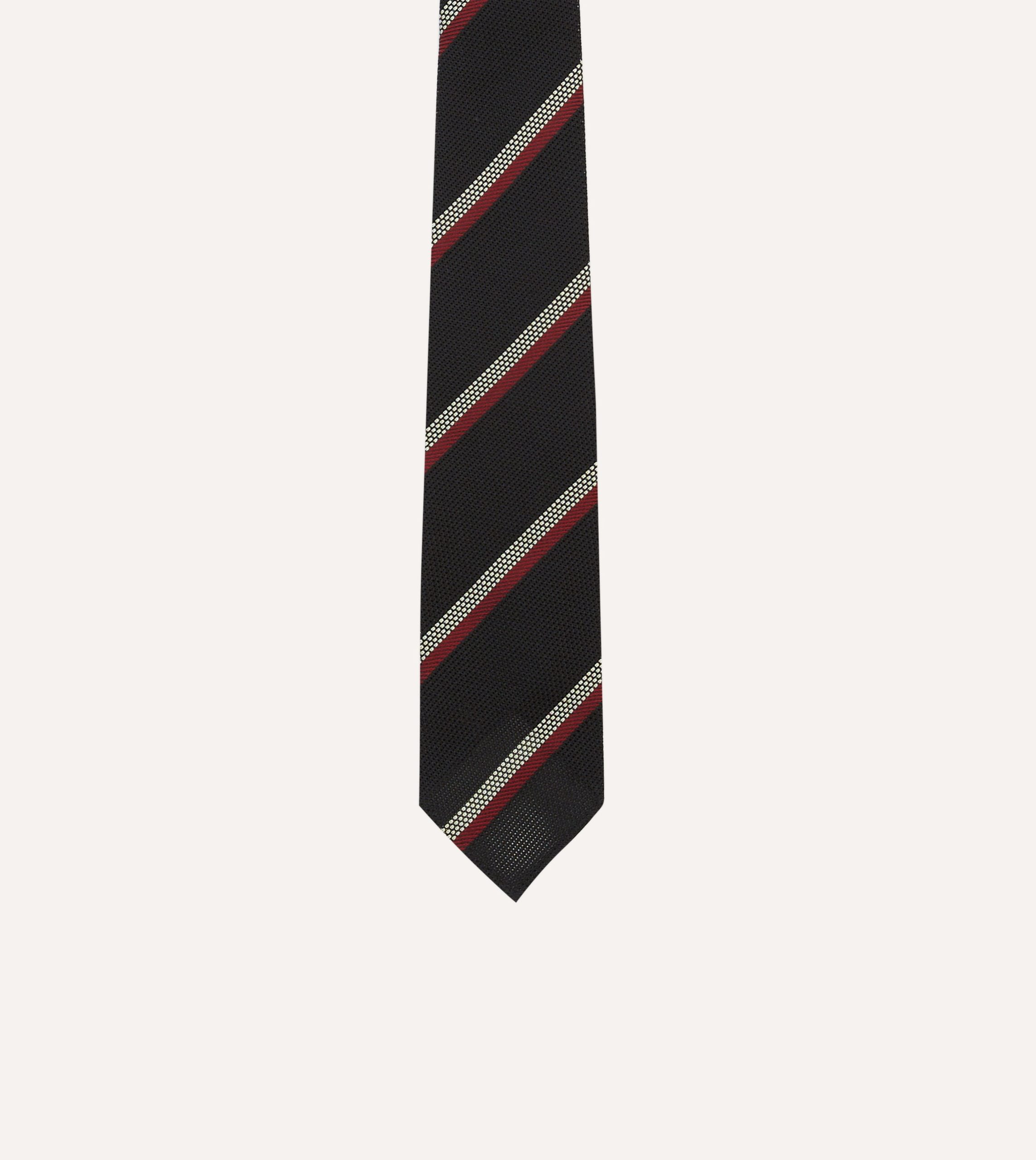 Black. White and Red Stripe Hand Rolled Silk Grenadine Tie - Image 3