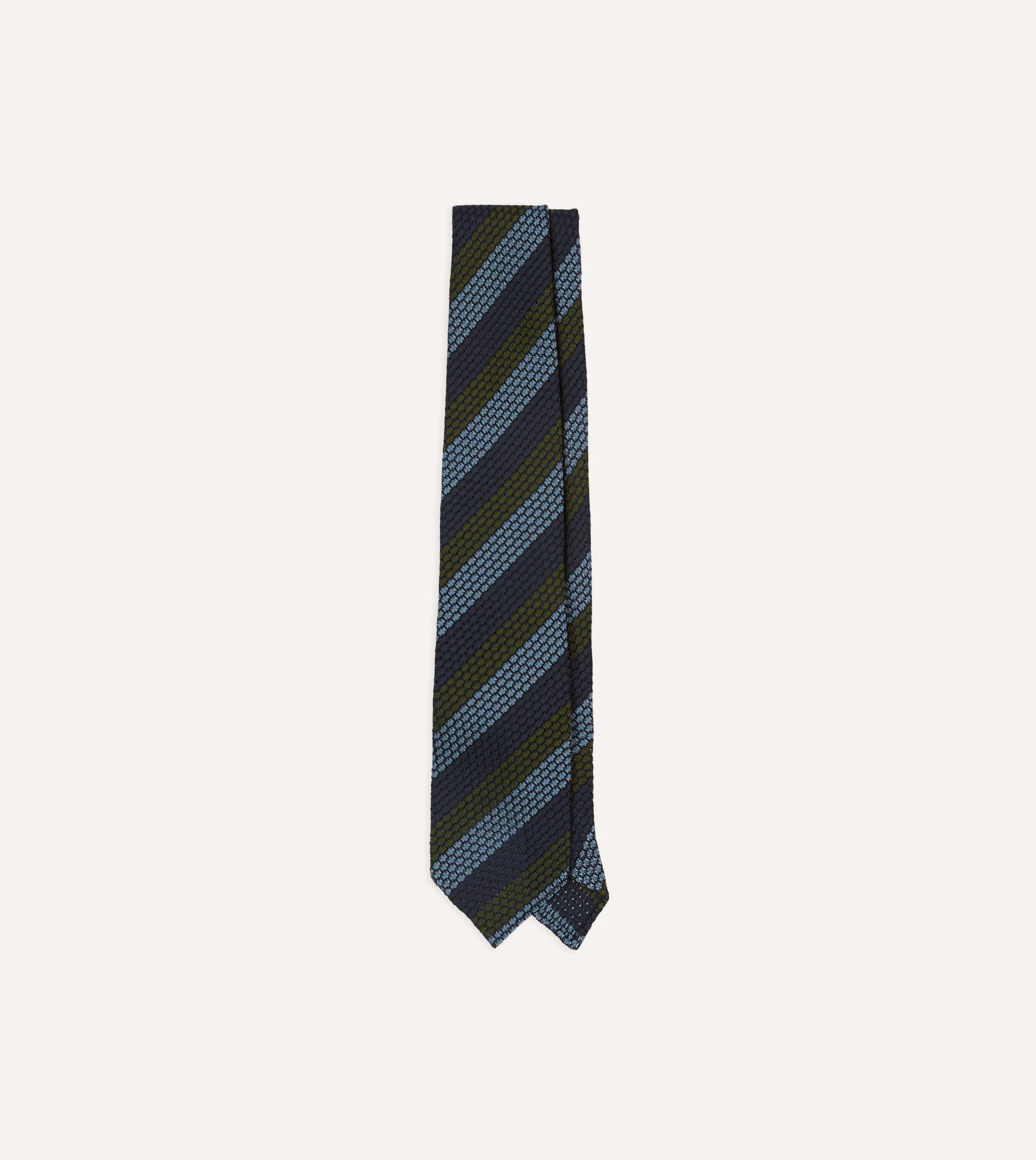 Navy. Green and Blue Block Stripe Hand Rolled Silk Grenadine Tie