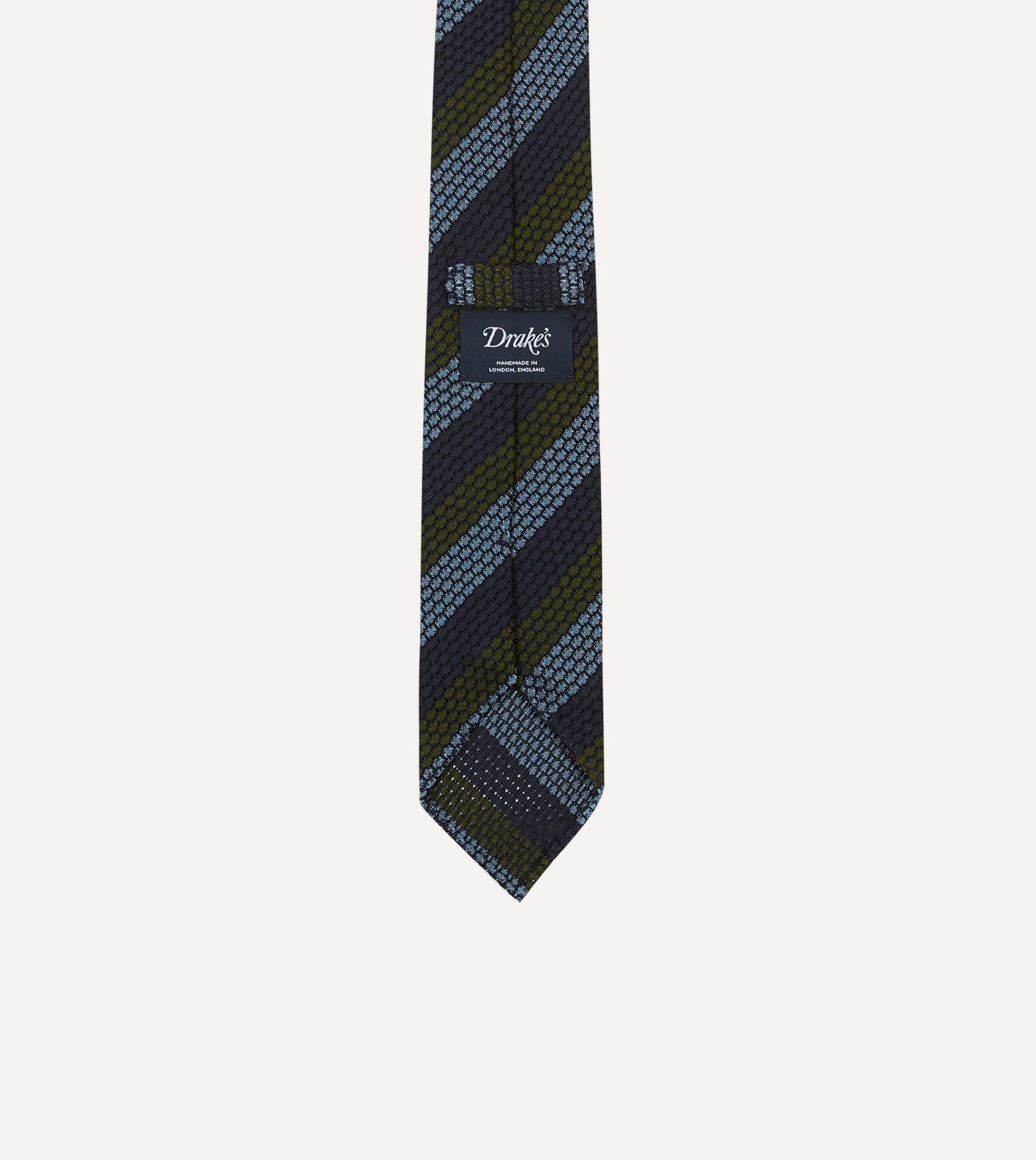 Navy. Green and Blue Block Stripe Hand Rolled Silk Grenadine Tie - Image 4