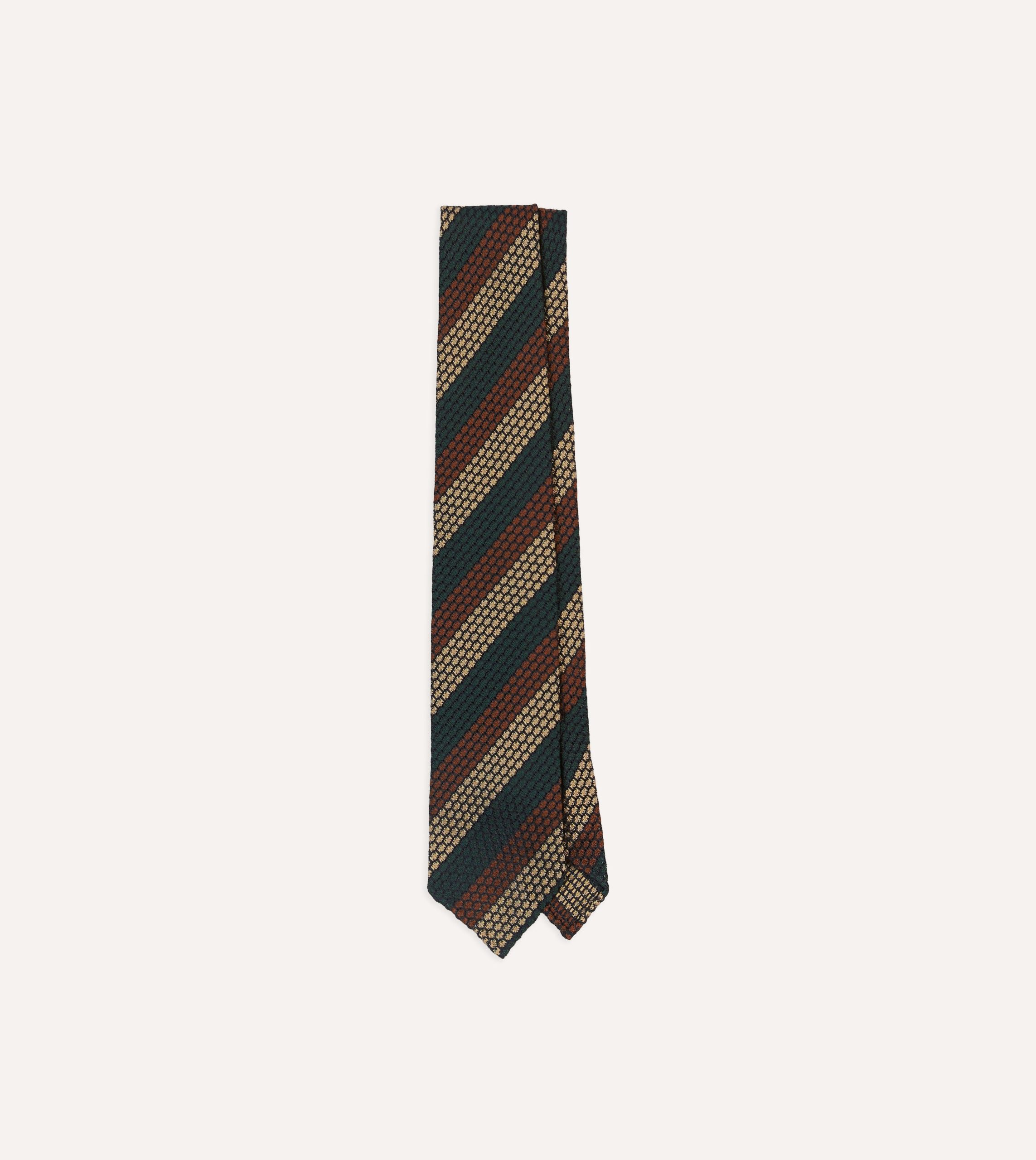 Green. Red and Gold Block Stripe Hand Rolled Silk Grenadine Tie