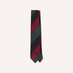 Green. Red and Navy Wide Stripe Hand Rolled Silk Grenadine Tie