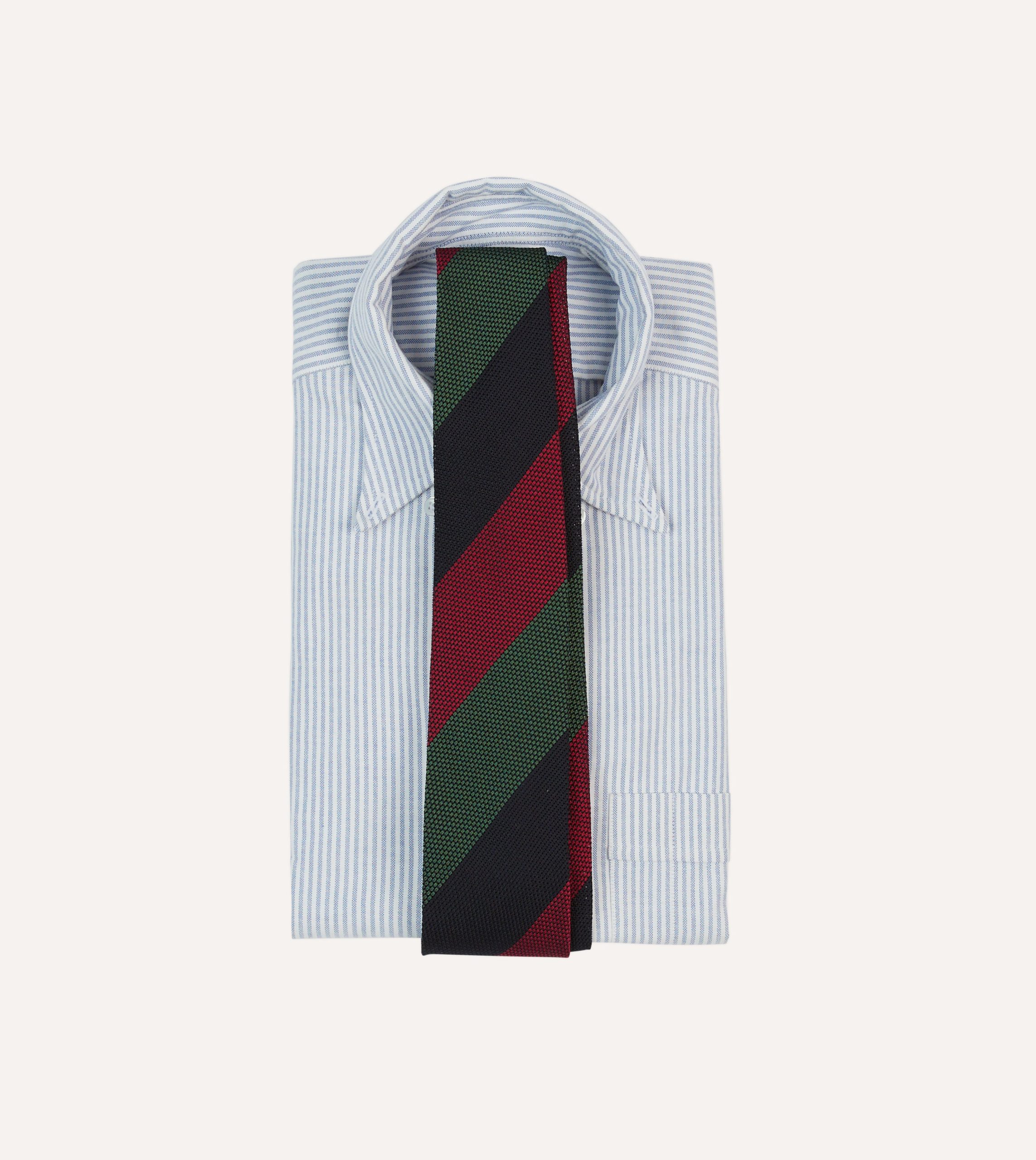 Green. Red and Navy Wide Stripe Hand Rolled Silk Grenadine Tie - Image 2