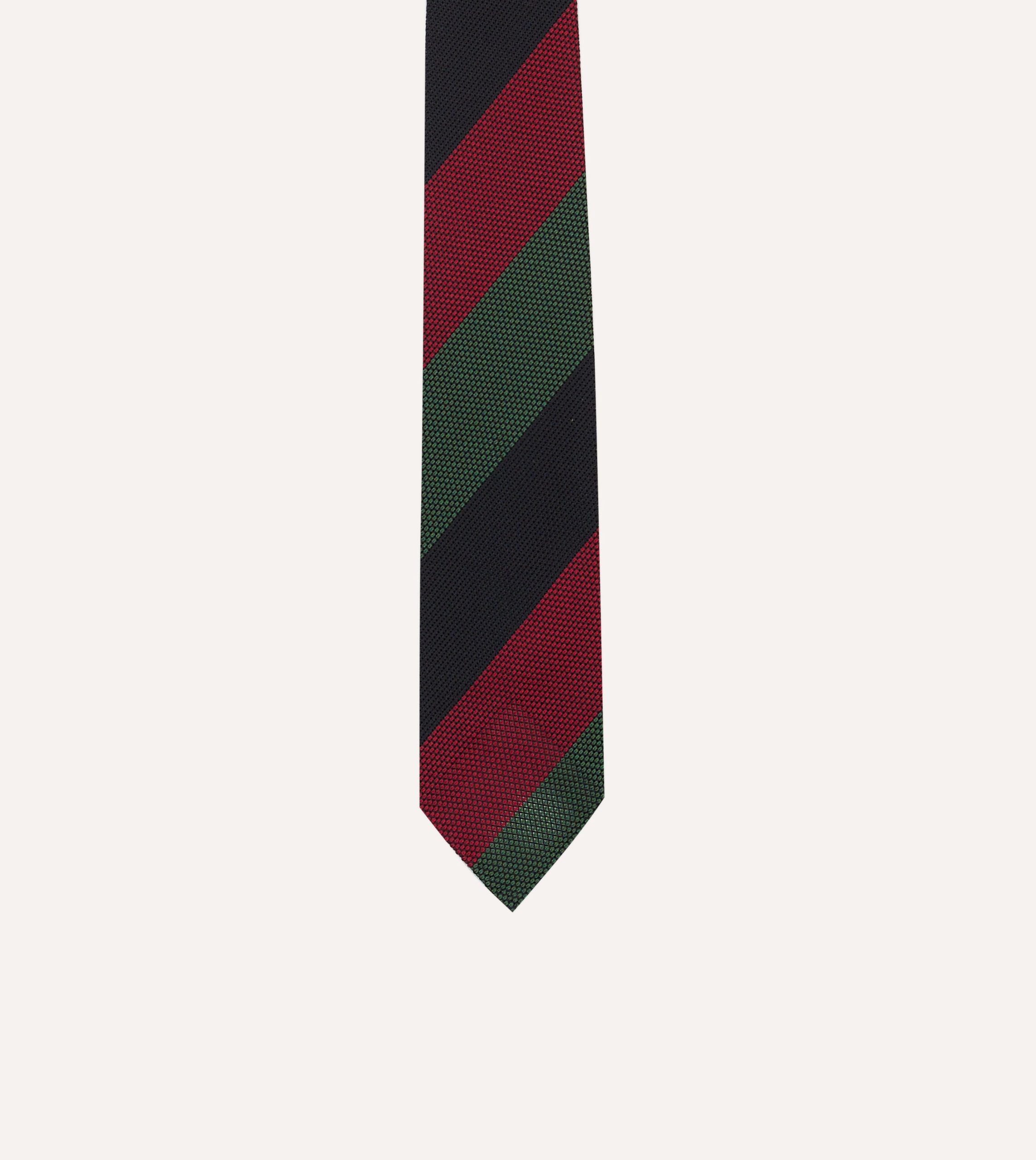 Green. Red and Navy Wide Stripe Hand Rolled Silk Grenadine Tie - Image 3