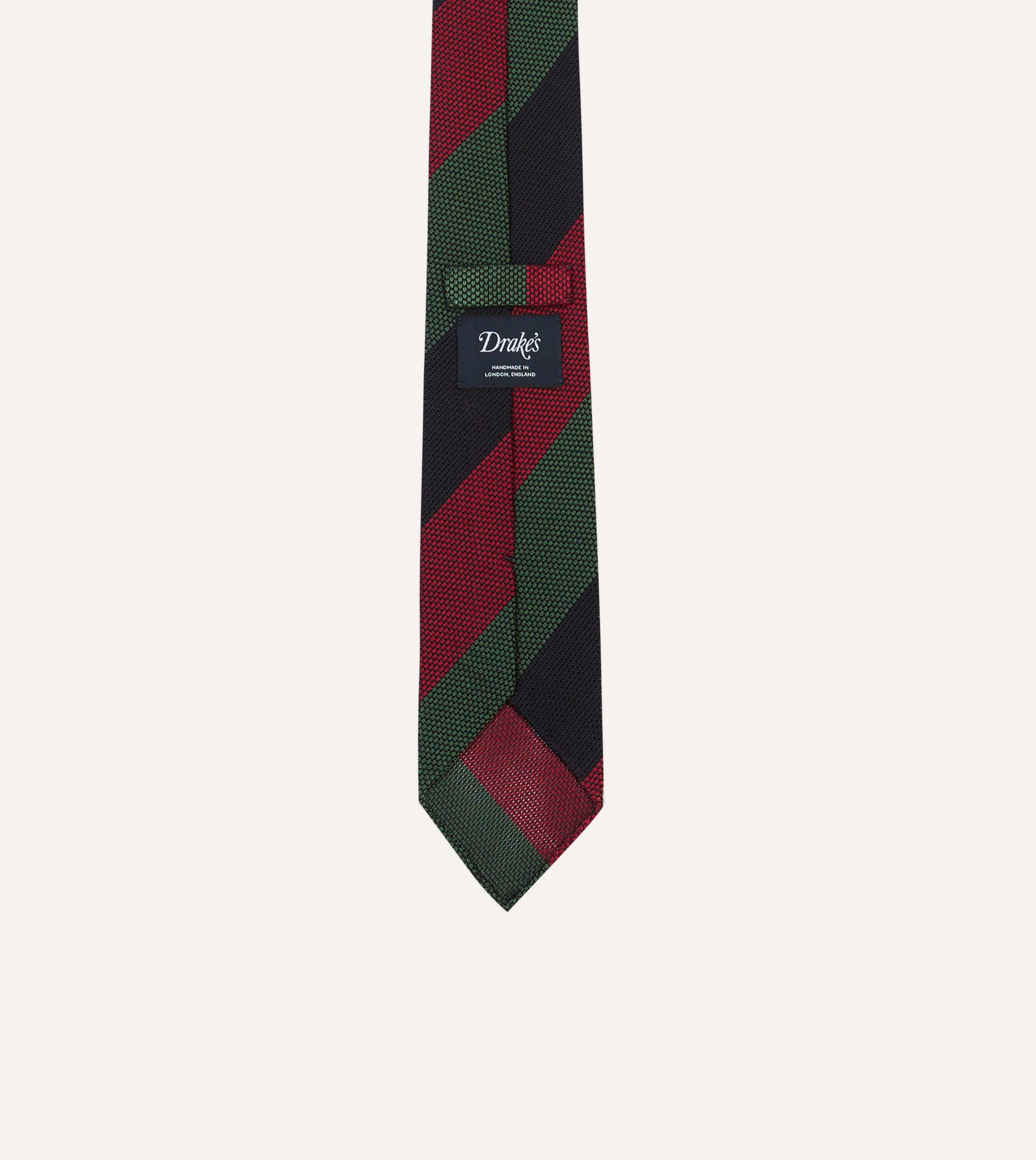Green. Red and Navy Wide Stripe Hand Rolled Silk Grenadine Tie - Image 4