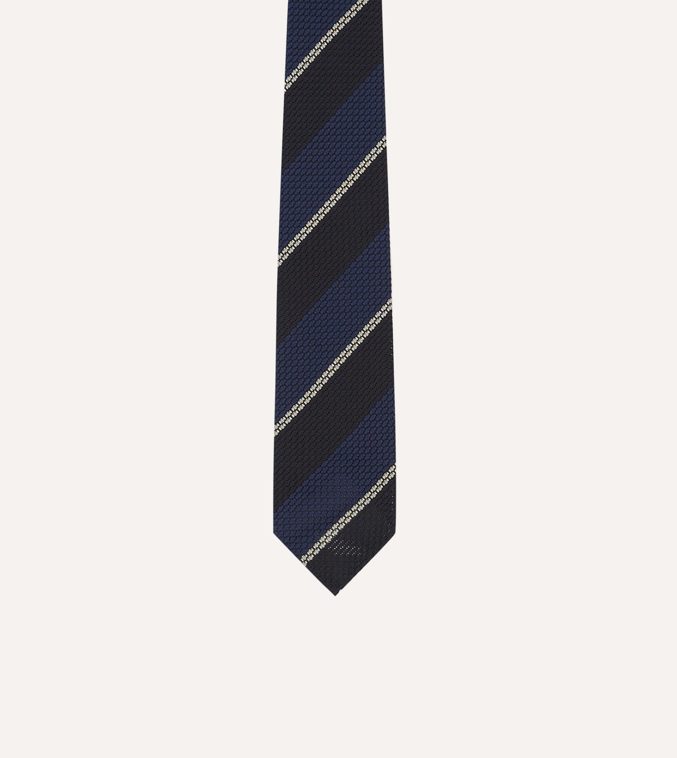 Navy and White Multi Stripe Hand Rolled Silk Grenadine Tie - Image 3