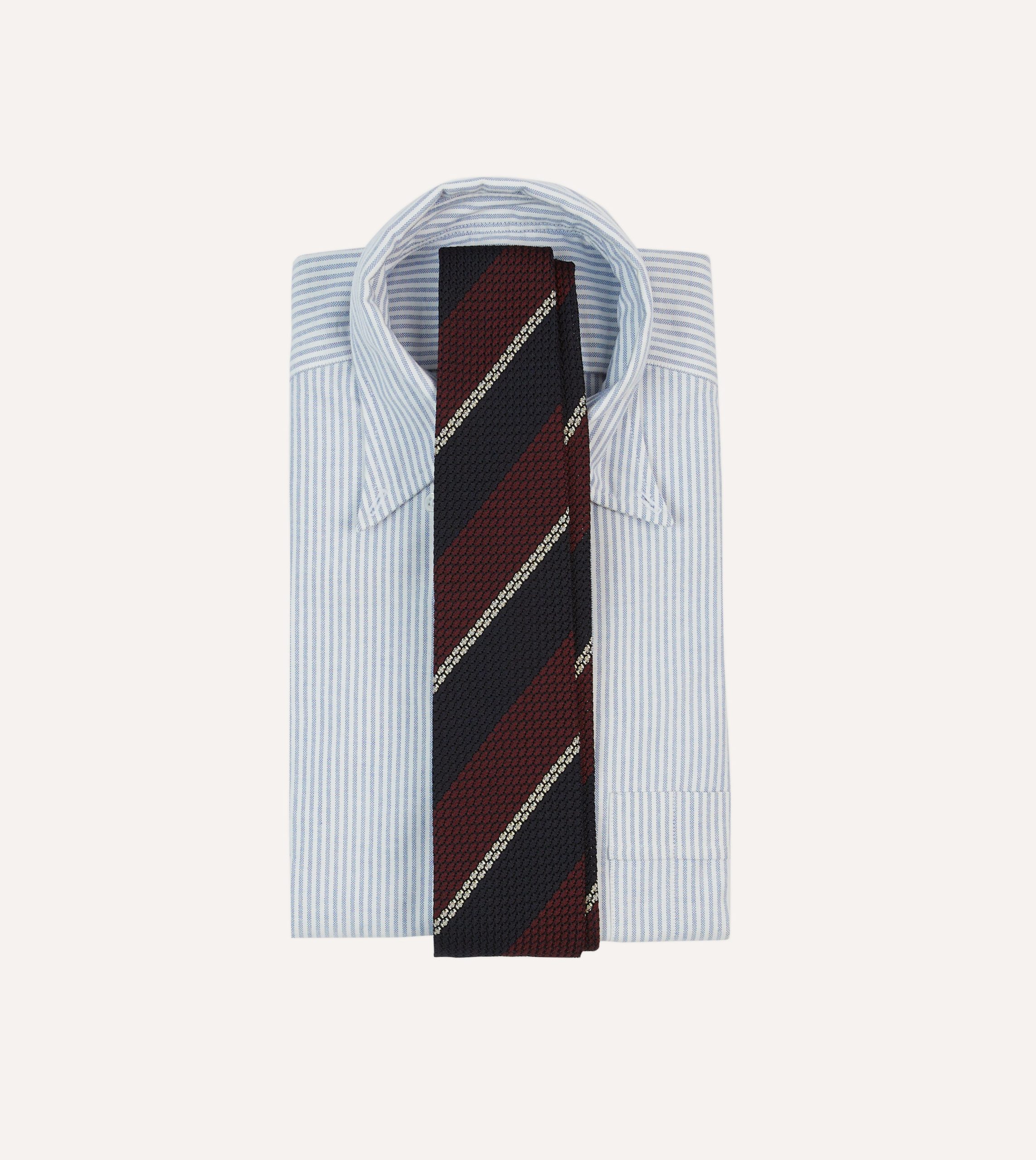 Navy. Red and White Multi Stripe Hand Rolled Silk Grenadine Tie - Image 2