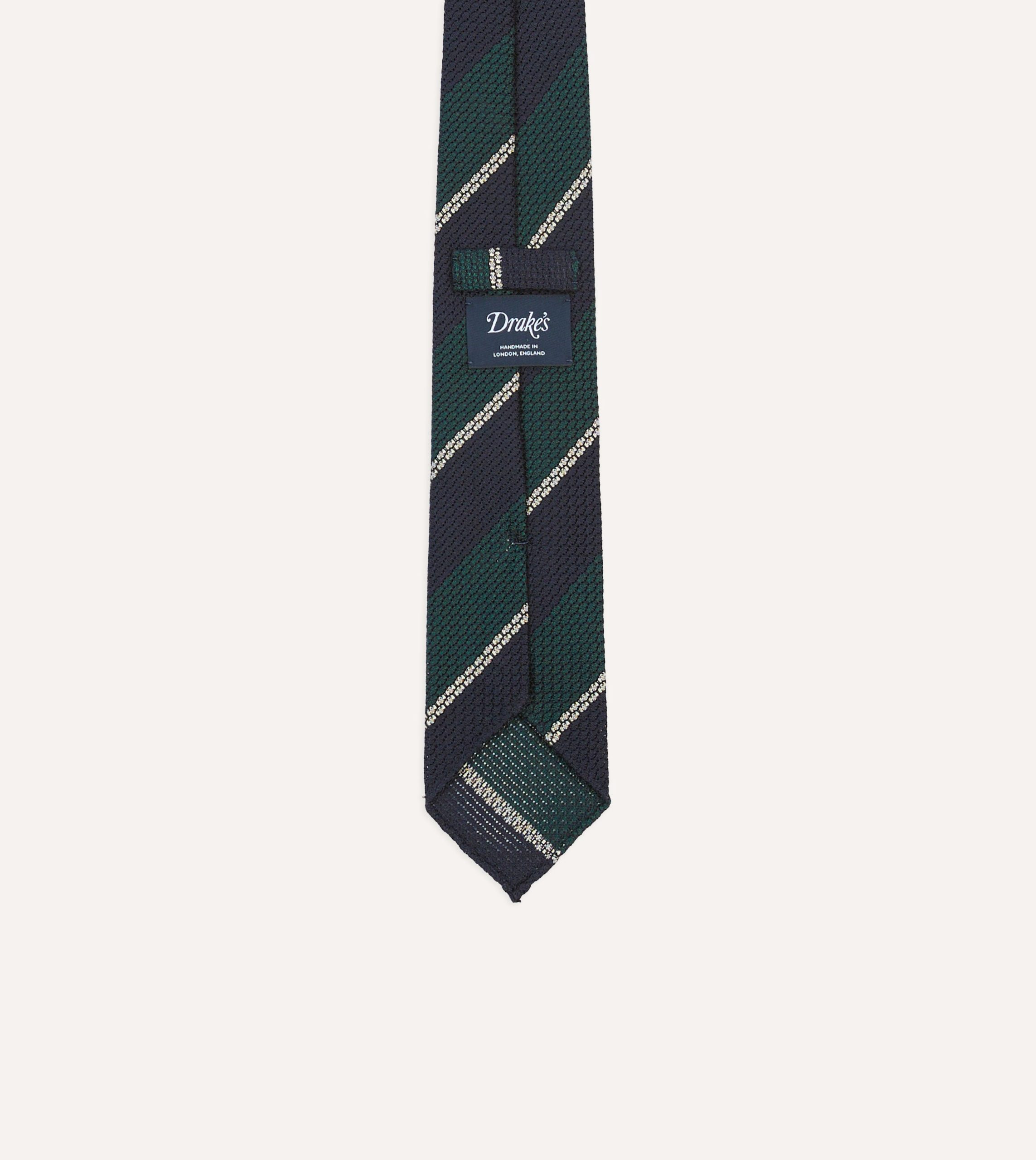 Navy. Green and White Multi Stripe Hand Rolled Silk Grenadine Tie - Image 4