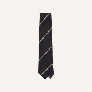 Navy. Brown and White Multi Stripe Hand Rolled Silk Grenadine Tie